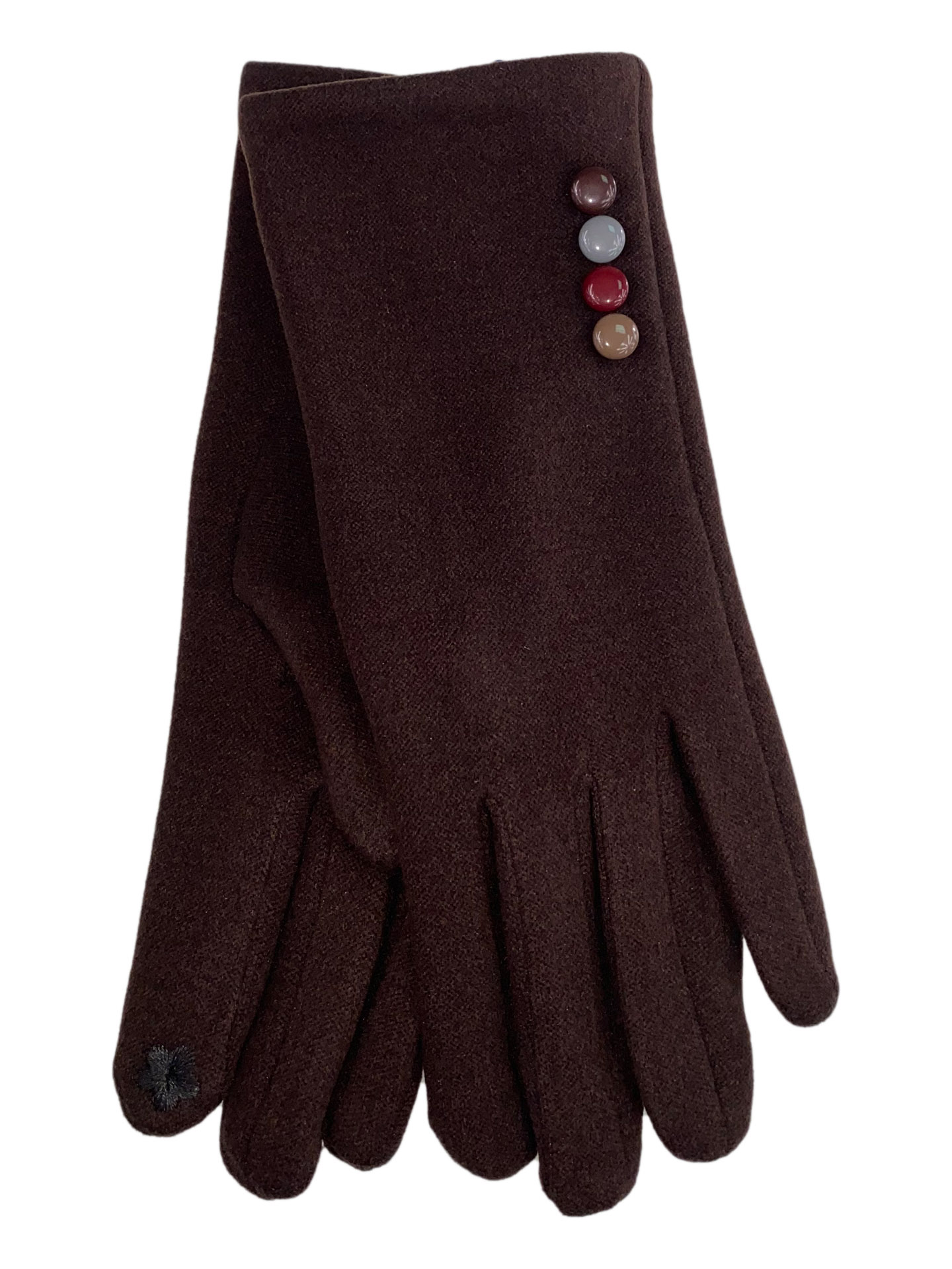 На фото 1 - Женские утеплённые перчатки из велюра с декором, цвет шоколад