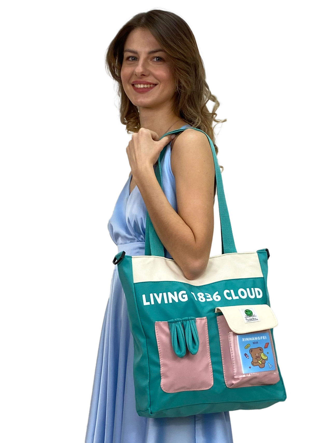 Женская сумка шоппер из текстиля, цвет бирюзовый