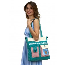 На фото 1 - Женская сумка шоппер из текстиля, цвет бирюзовый