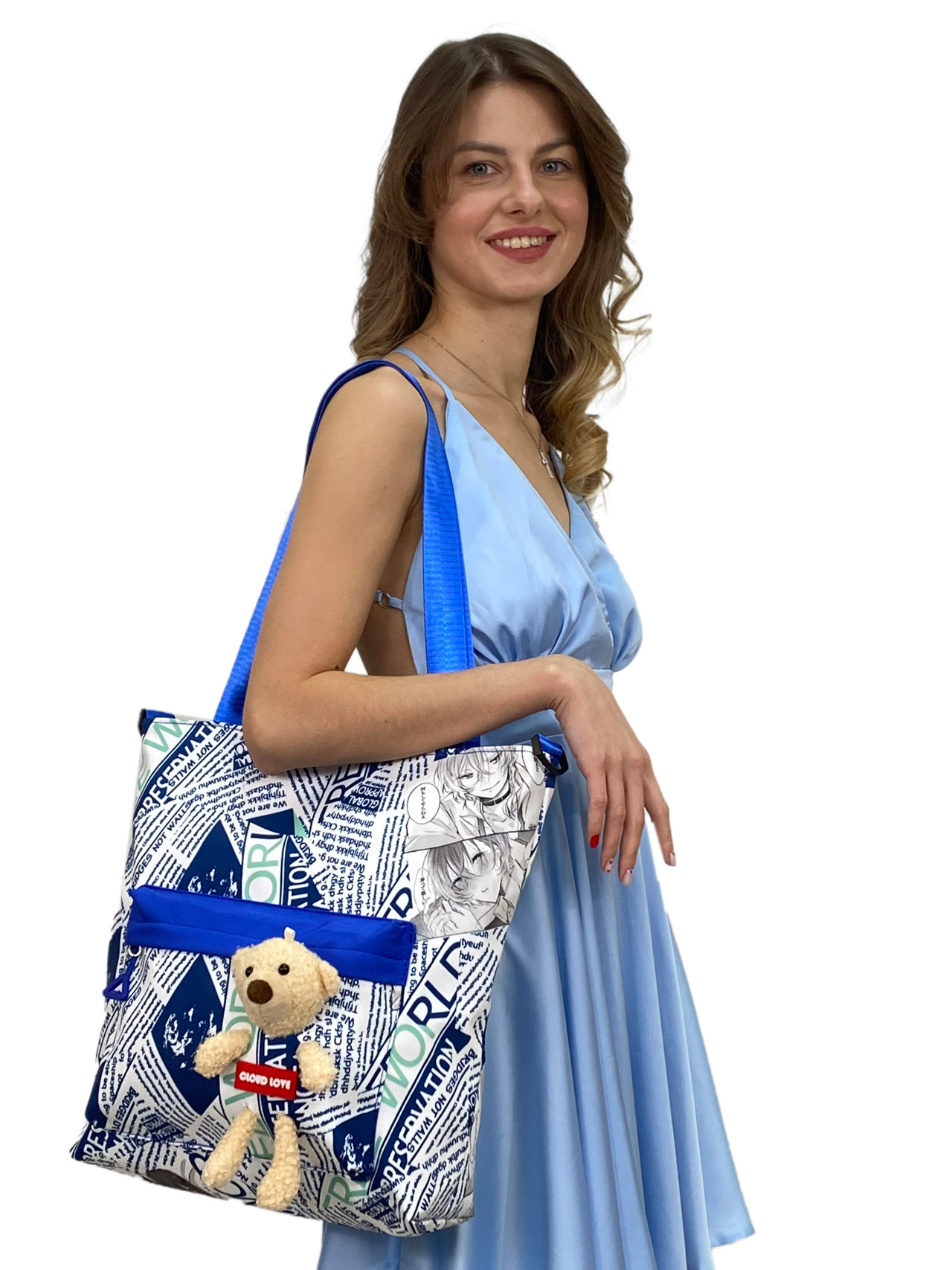 На фото 1 - Женская сумка шоппер из текстиля, цвет белый с синим 