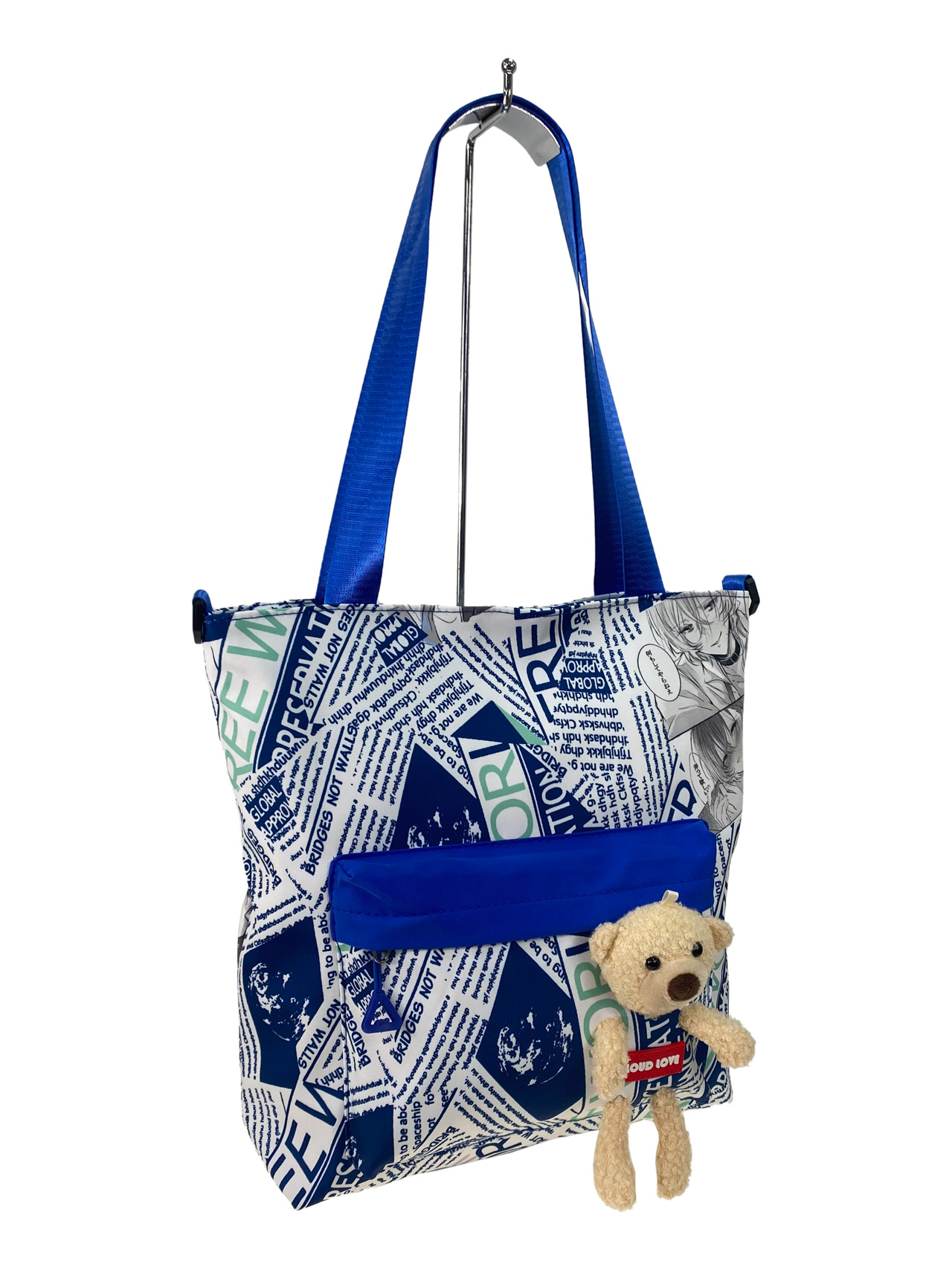 На фото 2 - Женская сумка шоппер из текстиля, цвет белый с синим 