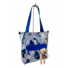 На фото 2 - Женская сумка шоппер из текстиля, цвет белый с синим 