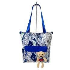 На фото 3 - Женская сумка шоппер из текстиля, цвет белый с синим 