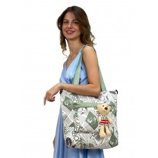 На фото 1 - Женская сумка шоппер из текстиля, цвет белый с зеленым 