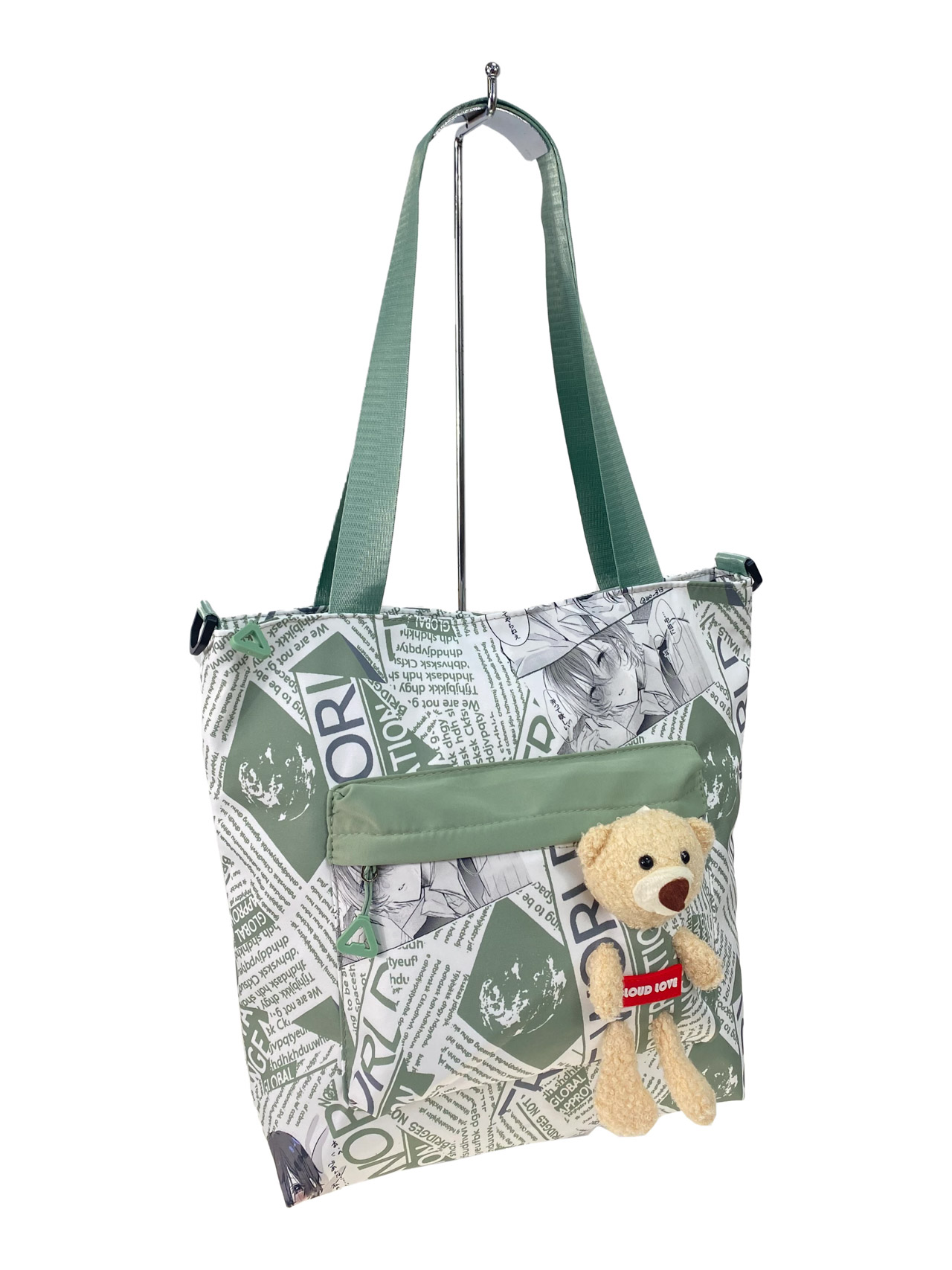 На фото 2 - Женская сумка шоппер из текстиля, цвет белый с зеленым 