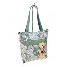 На фото 2 - Женская сумка шоппер из текстиля, цвет белый с зеленым 
