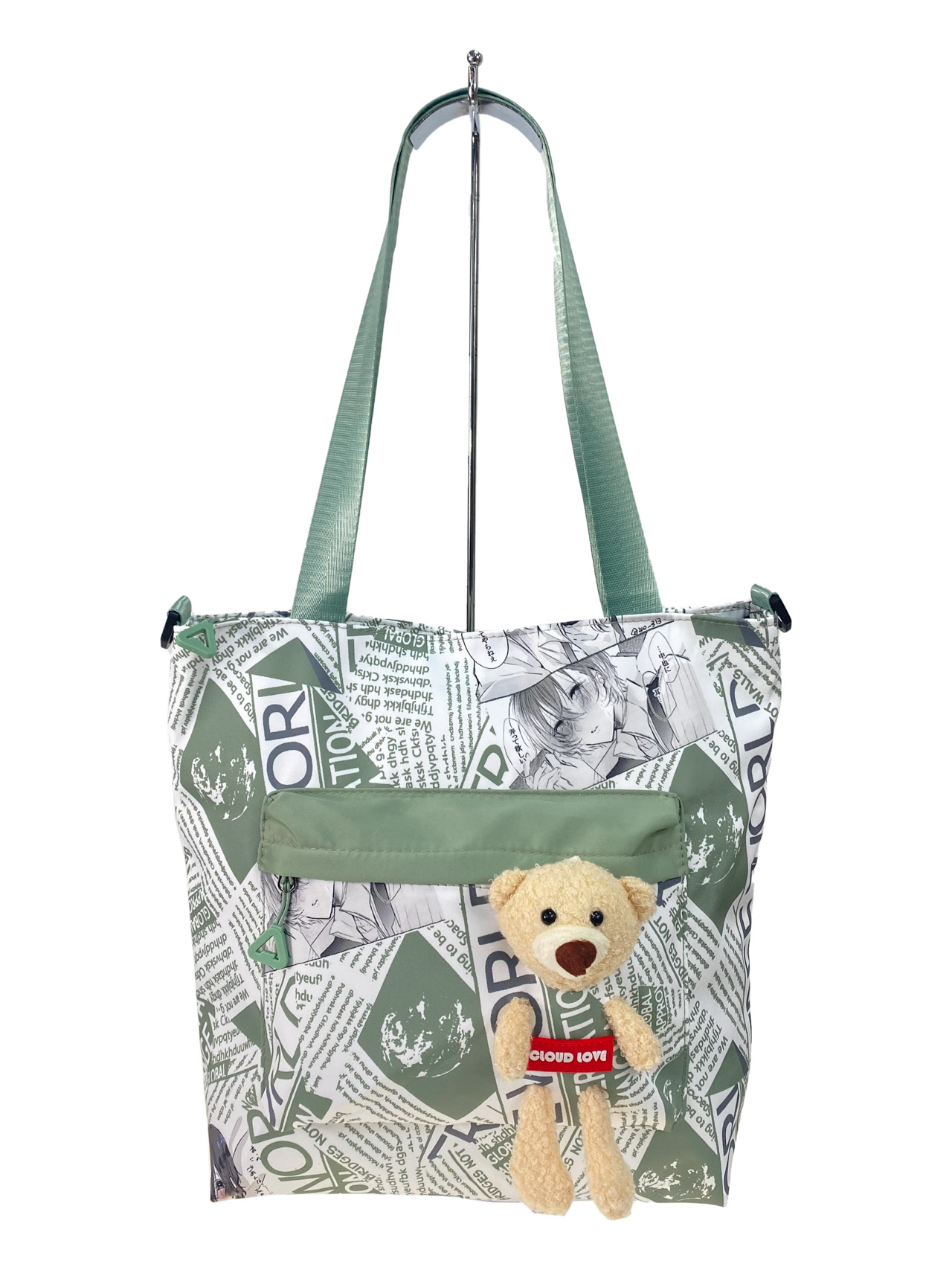 На фото 3 - Женская сумка шоппер из текстиля, цвет белый с зеленым 
