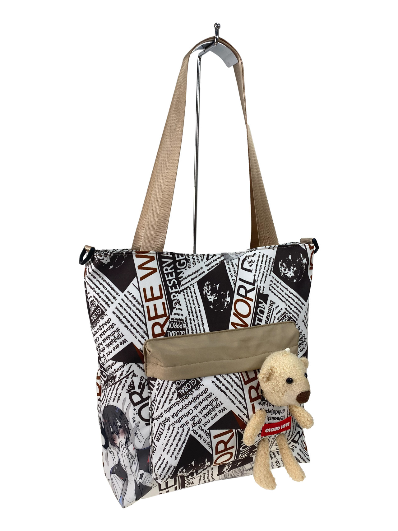 На фото 2 - Женская сумка шоппер из текстиля, цвет белый с коричневым 