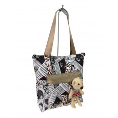 На фото 2 - Женская сумка шоппер из текстиля, цвет белый с коричневым 