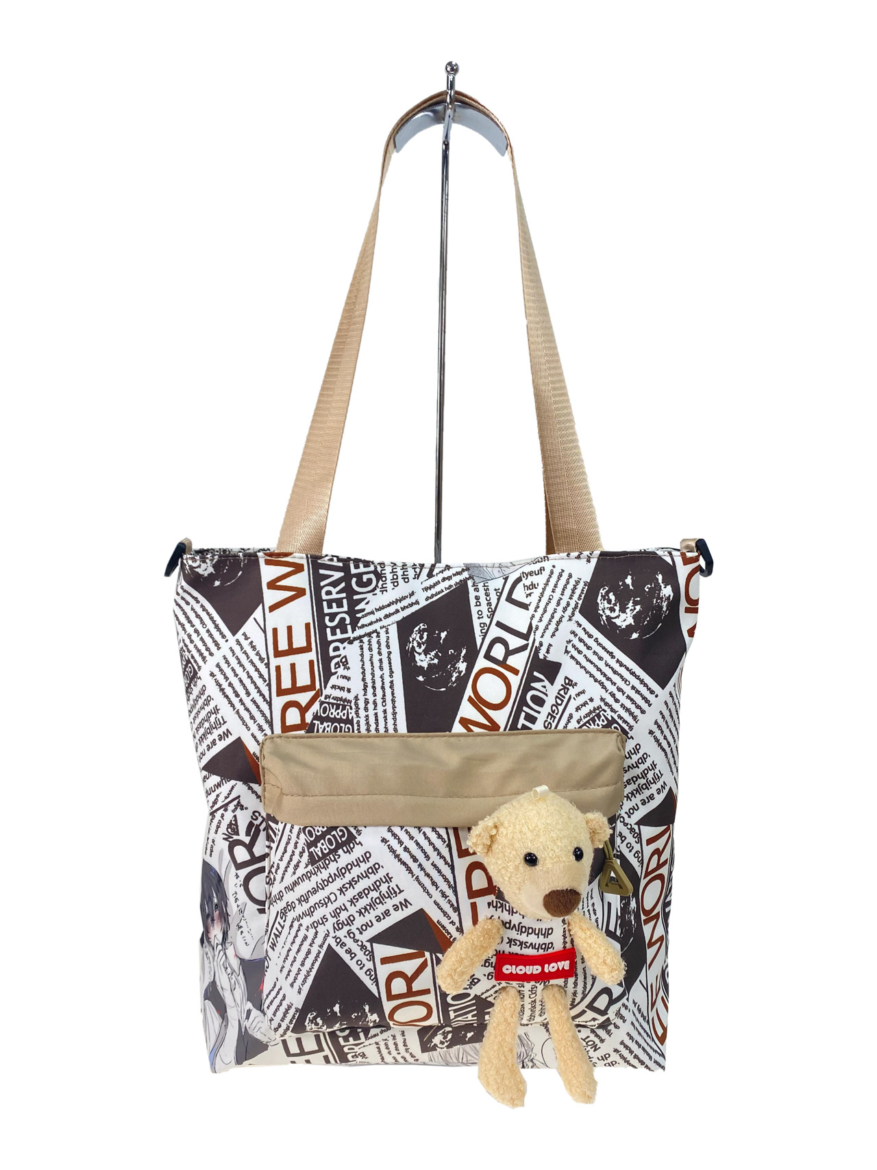 На фото 3 - Женская сумка шоппер из текстиля, цвет белый с коричневым 
