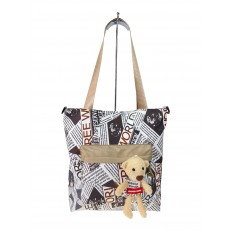 На фото 3 - Женская сумка шоппер из текстиля, цвет белый с коричневым 