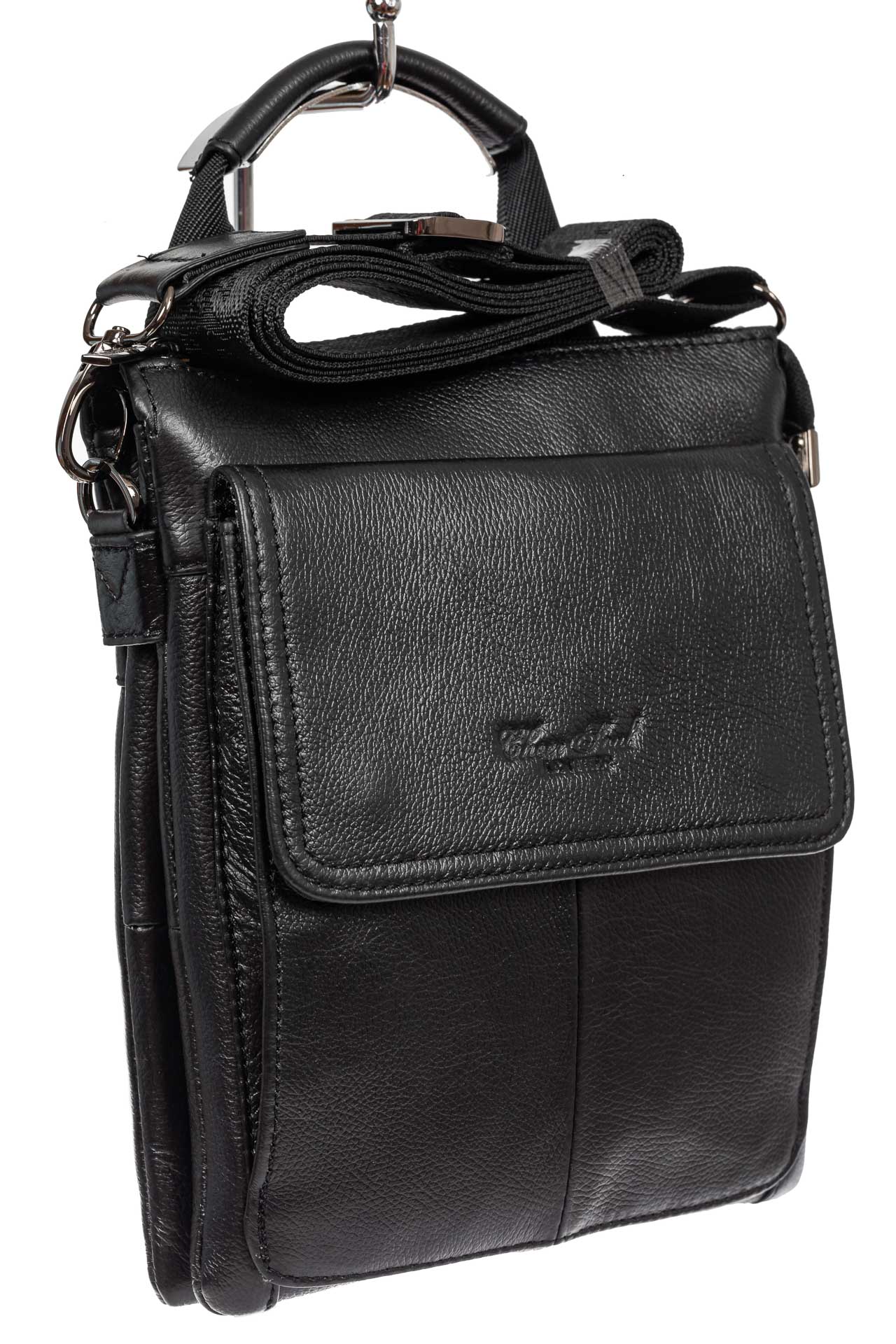 На фото 1 - Мужская кожаная сумка, цвет черный