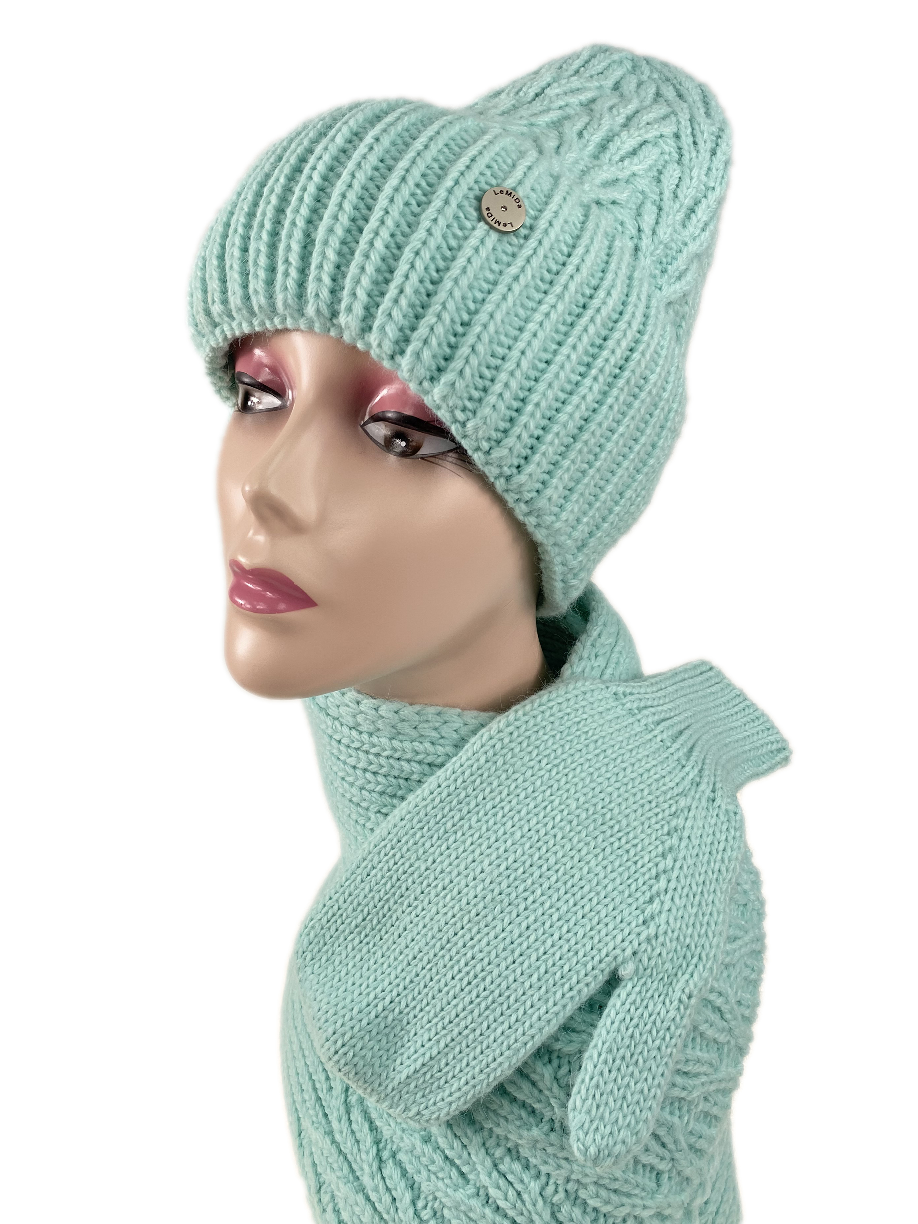Комплект шапка женская, шарф и варежки, цвет бирюза