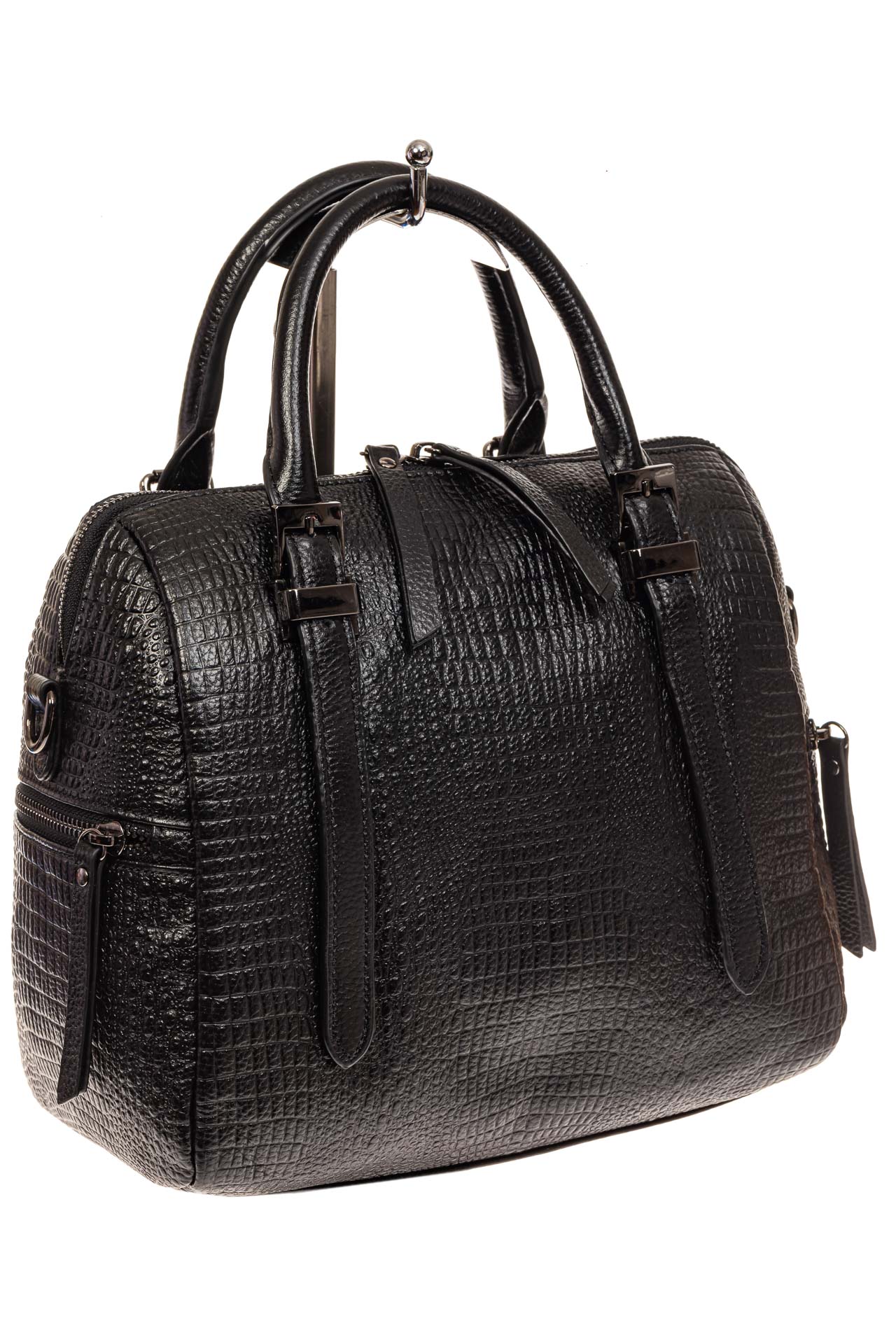 На фото 1 - Женская сумка из натуральной кожи с тиснением, цвет черный