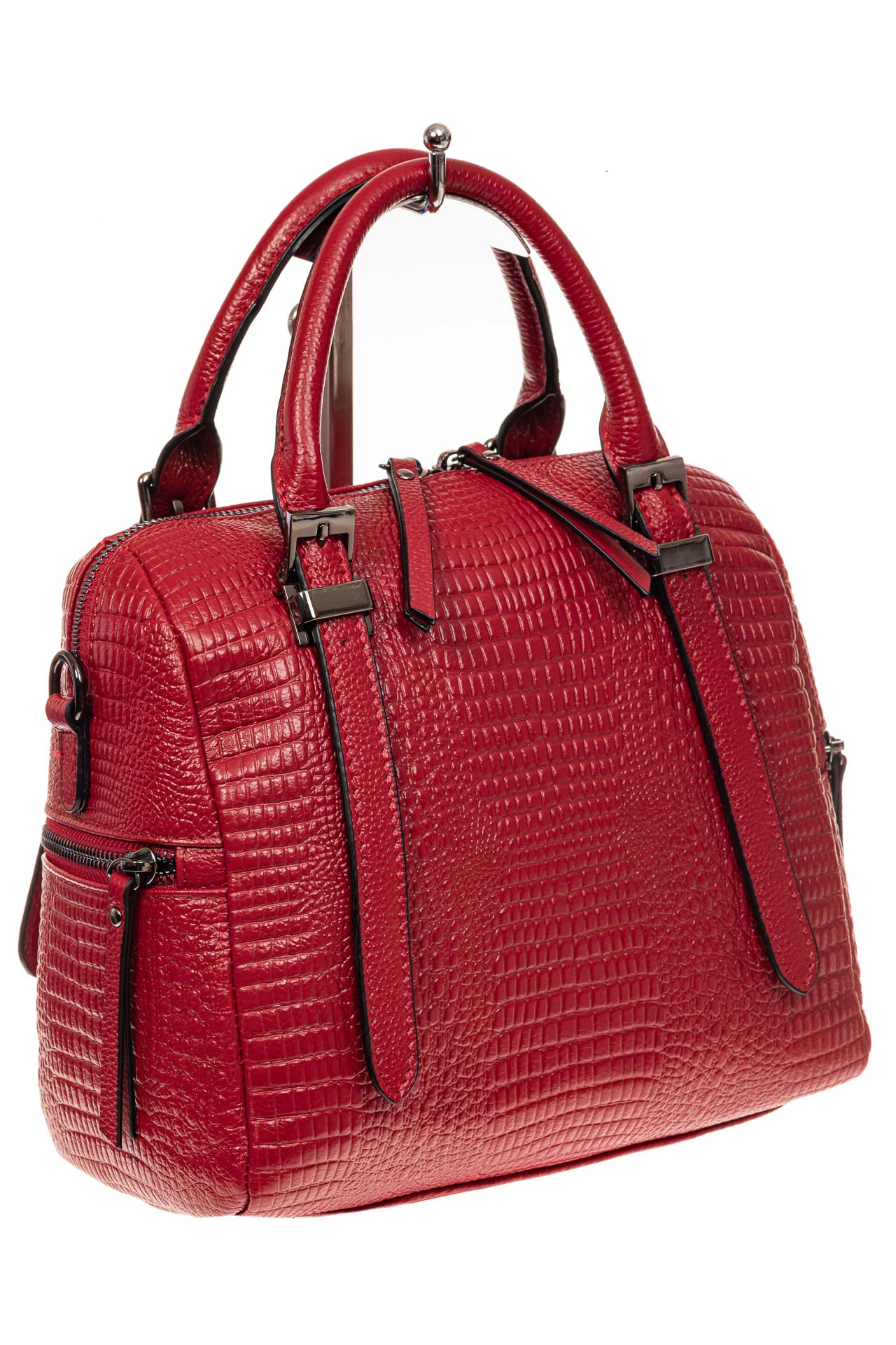На фото 1 - Женская сумка из натуральной кожи с тиснением, цвет красный