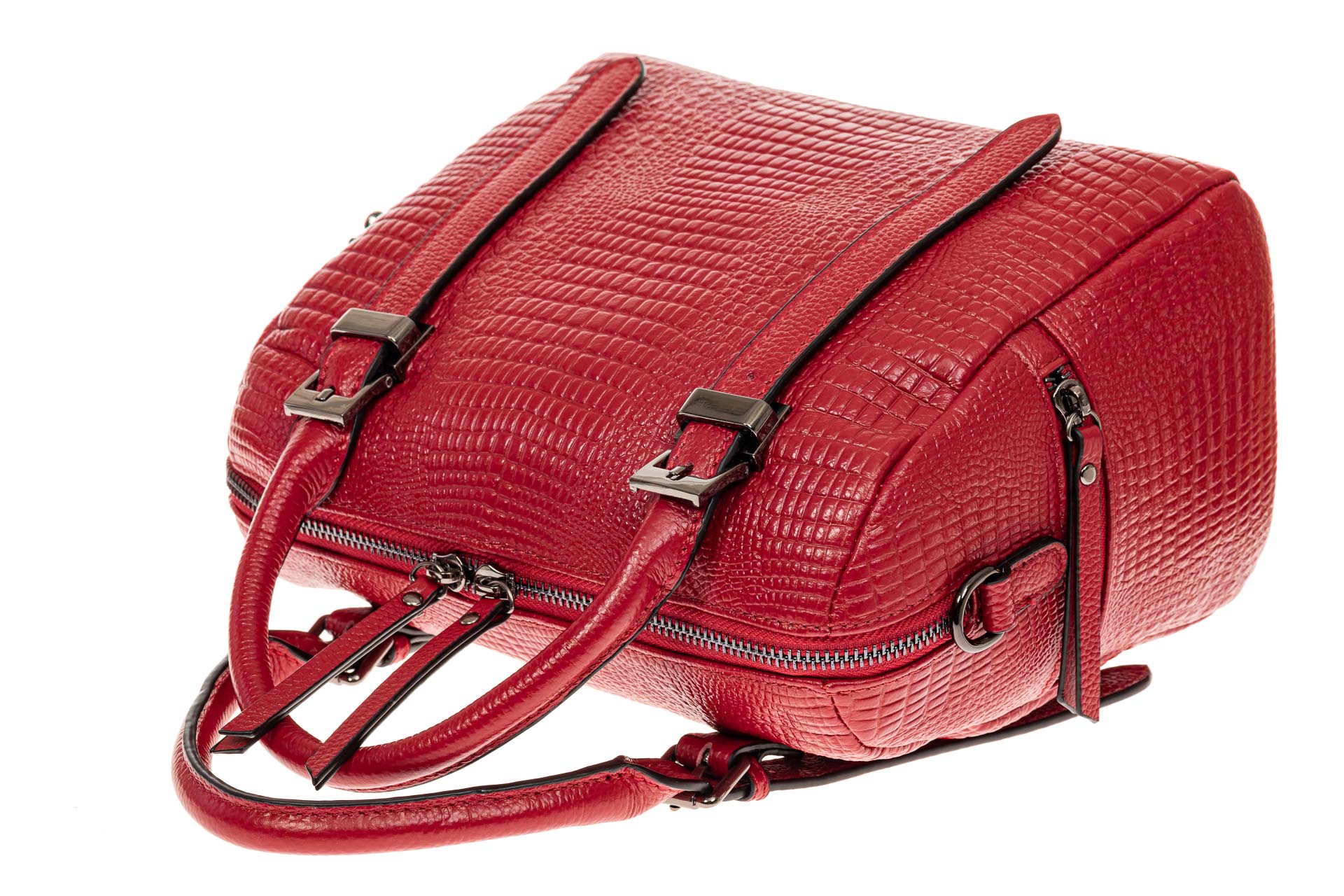 На фото 3 - Женская сумка из натуральной кожи с тиснением, цвет красный