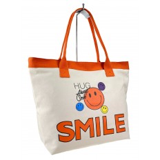 На фото 3 - Пляжная женская сумка из текстиля, цвет молочный с оранжевым