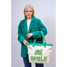 На фото 1 - Пляжная женская сумка из текстиля, цвет молочный с зеленым