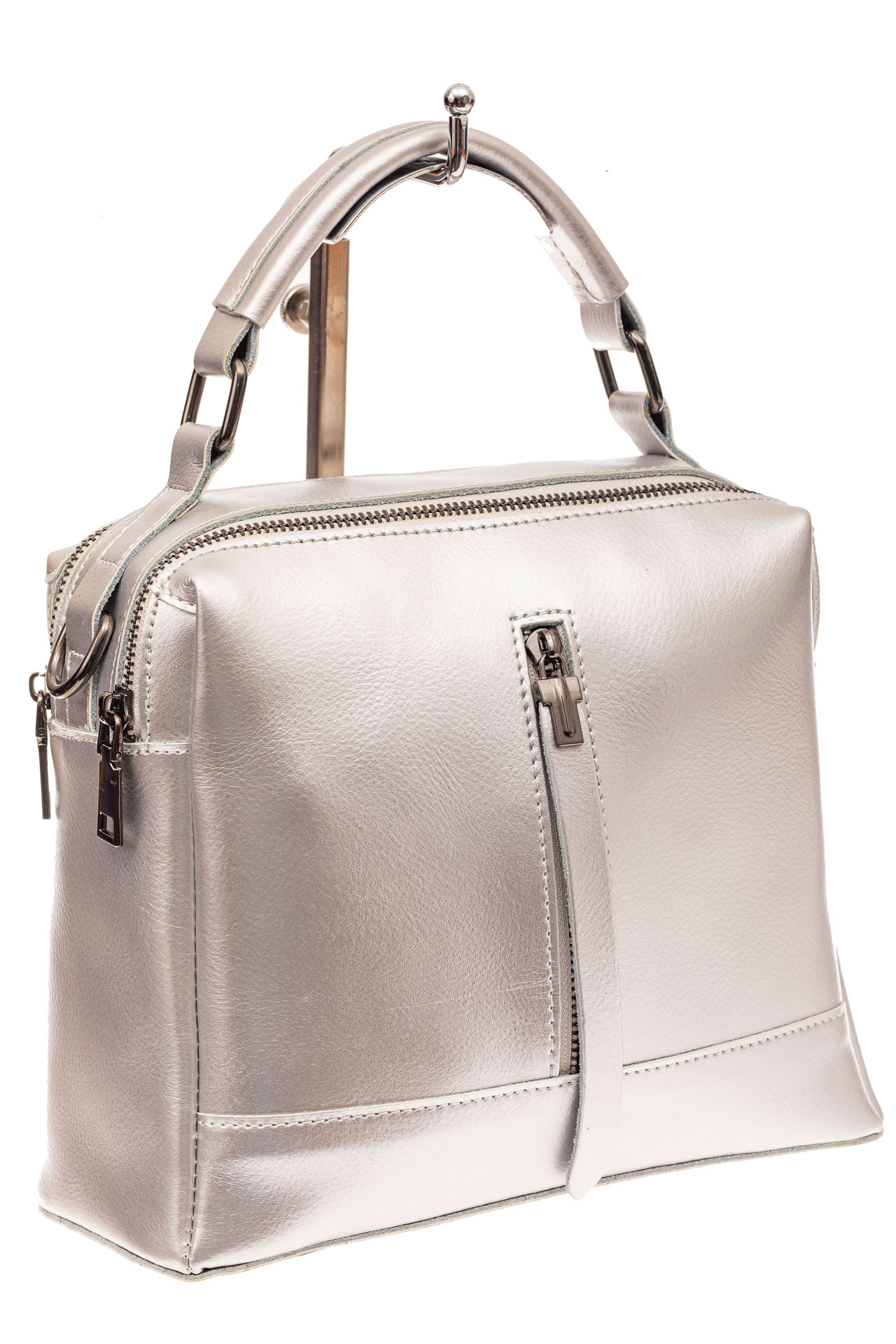 На фото 1 - Женская сумка кросс-боди из натуральной кожи, цвет серебро