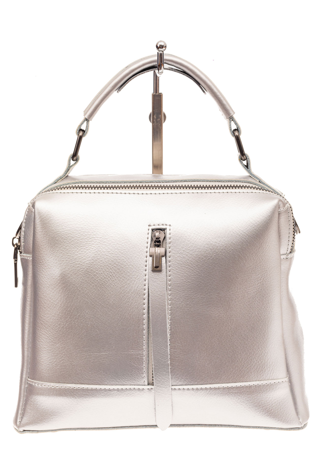 На фото 2 - Женская сумка кросс-боди из натуральной кожи, цвет серебро