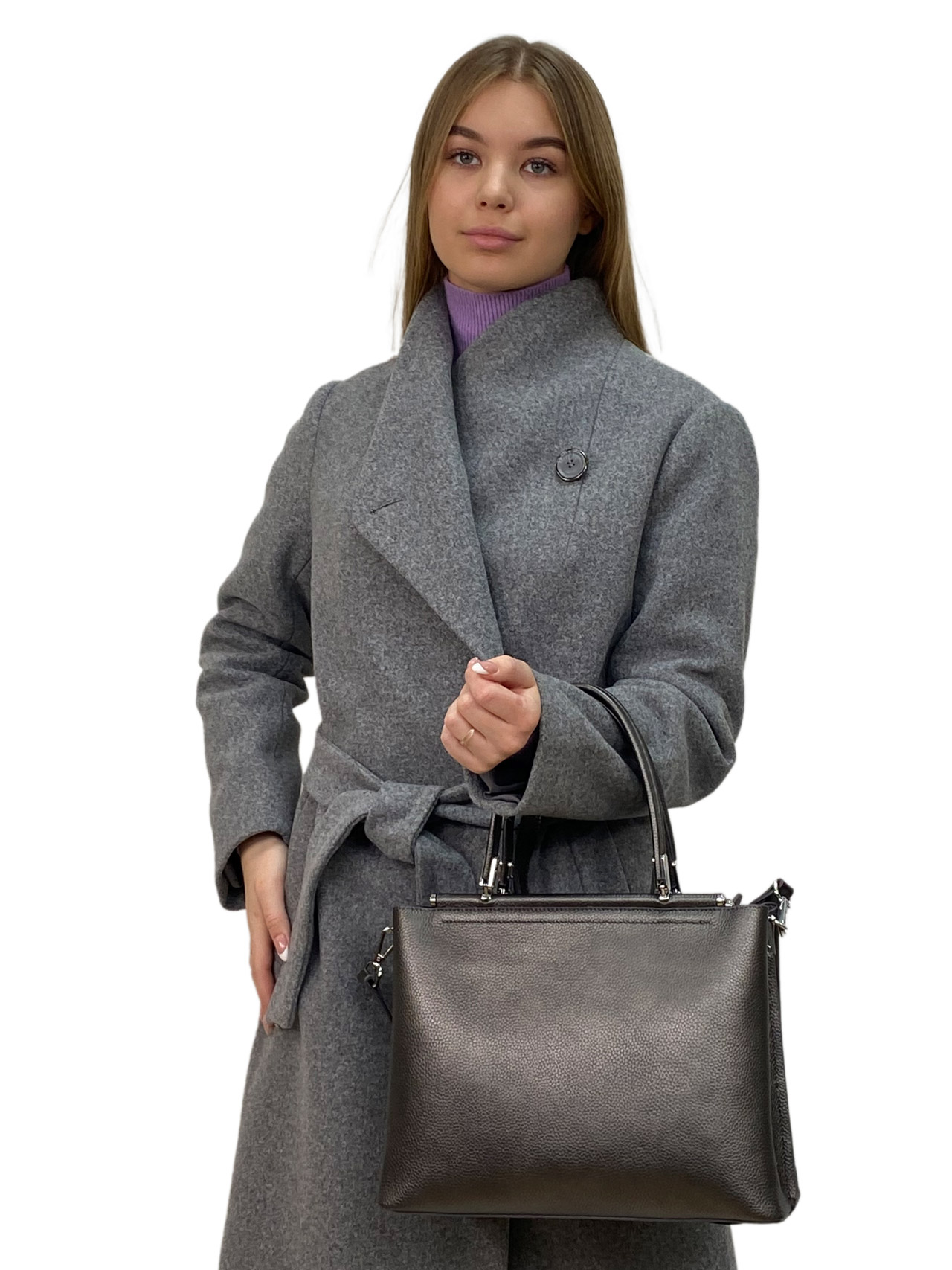 На фото 1 - Классическая женская сумка из натуральной кожи, серый металлик
