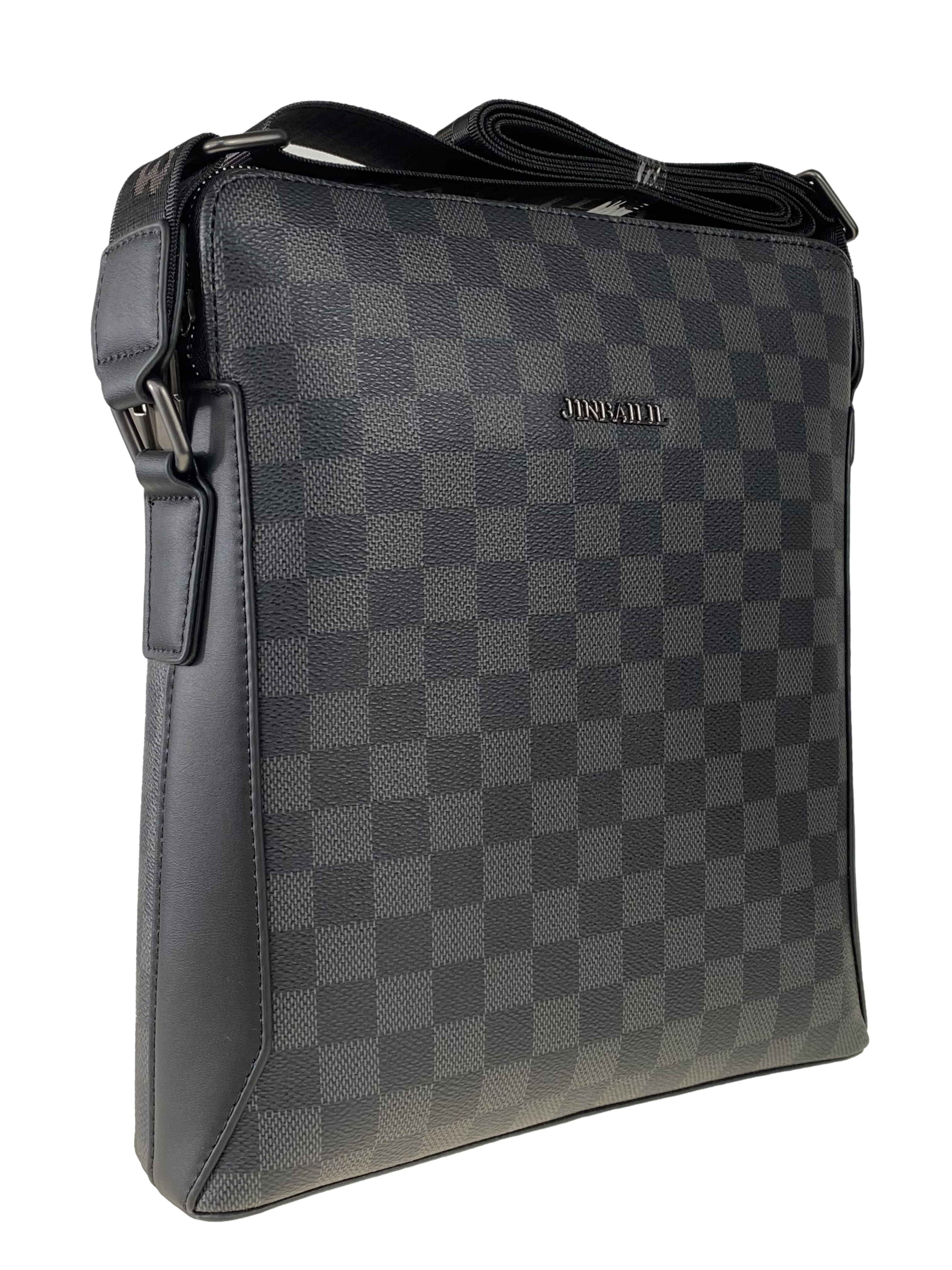 На фото 1 - Мужская сумка-планшет из натуральной кожи в клетку, цвет чёрный с серым