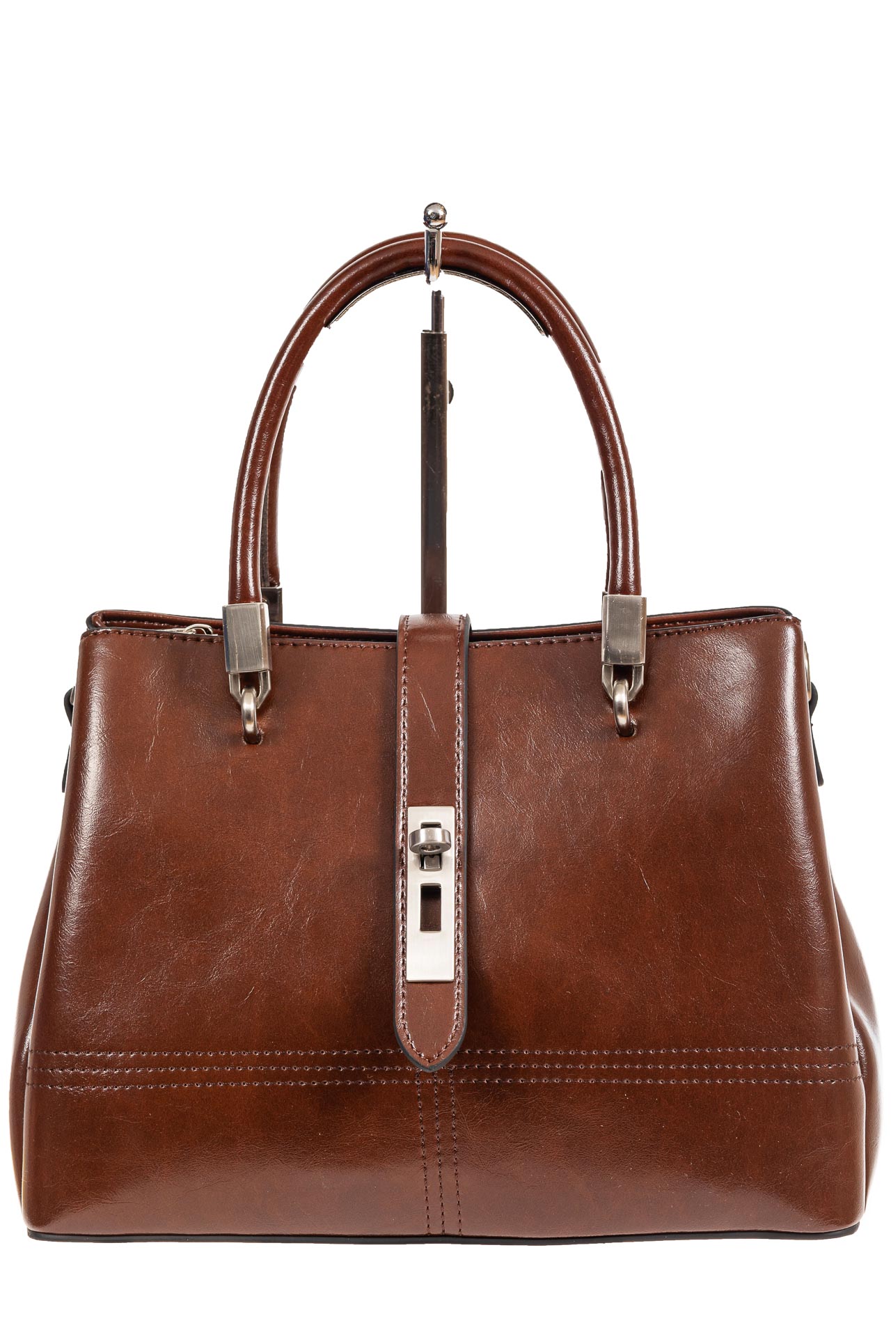 На фото 2 - Женская кожаная сумка с замком-вертушкой, цвет коричневый