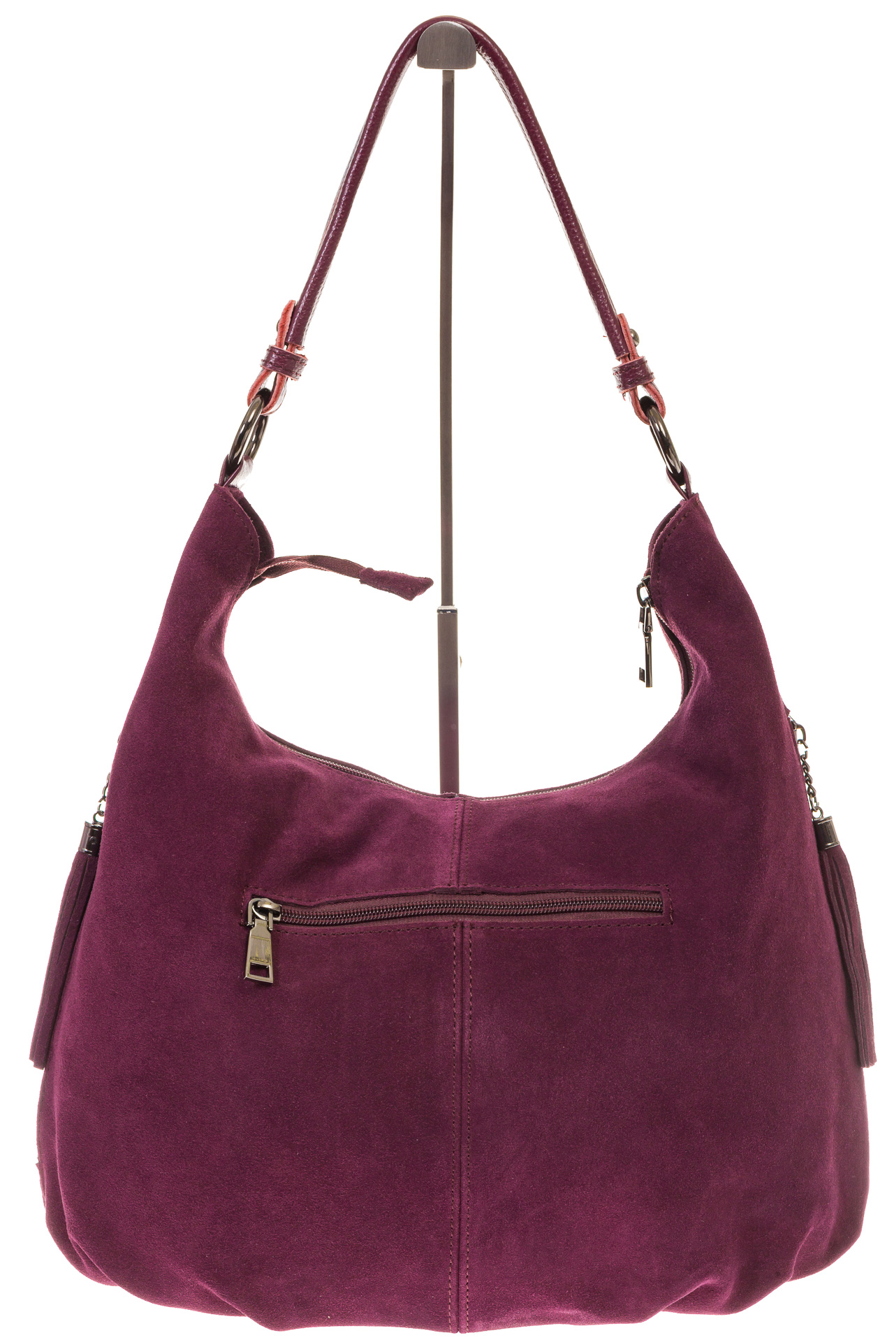 На фото 3 - Женская бордовая сумка hobo из замши с боковыми карманами
