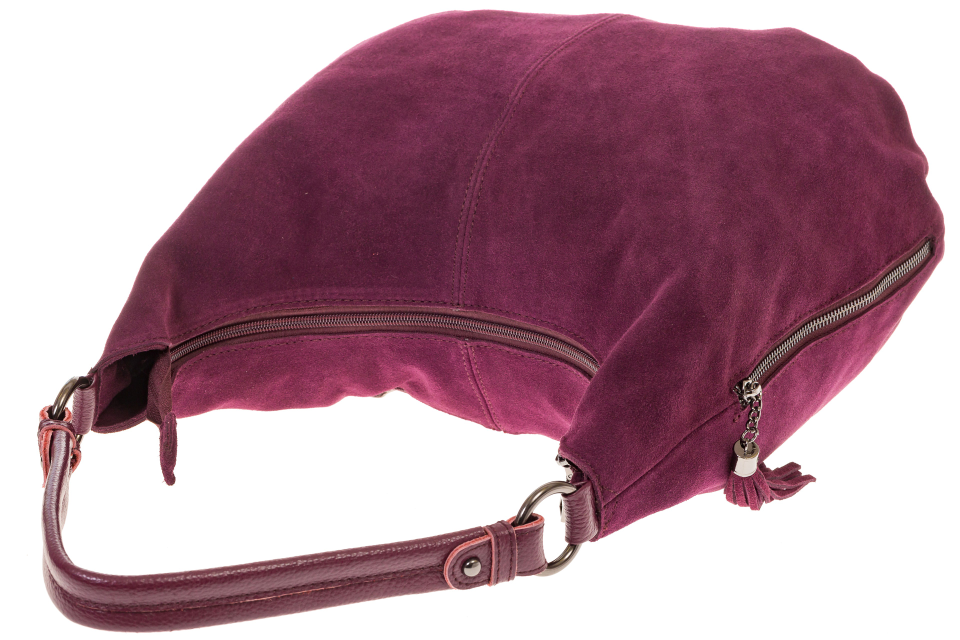 На фото 4 - Женская бордовая сумка hobo из замши с боковыми карманами