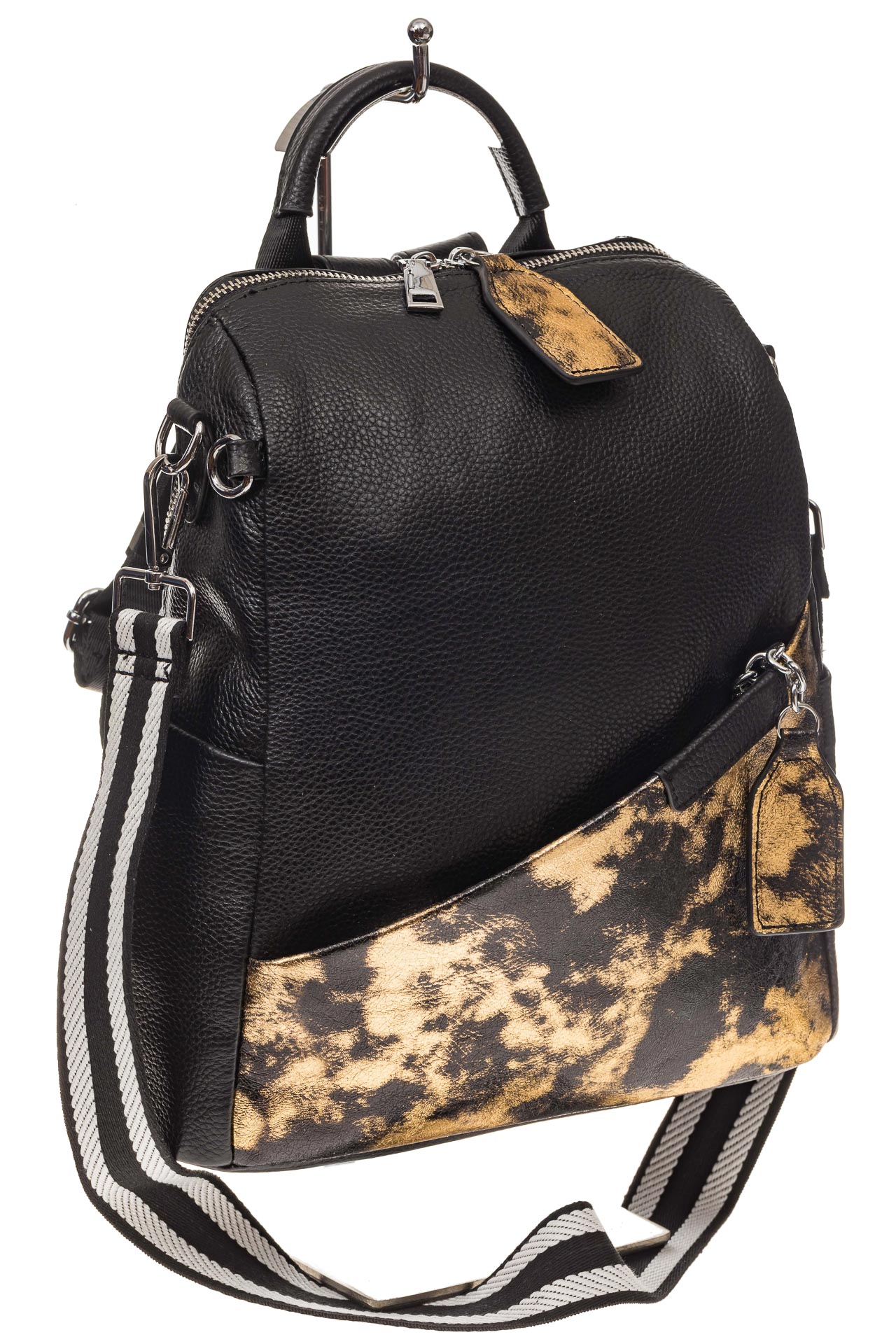 На фото 1 - Рюкзак из натуральной кожи, черный с бежевым принтом