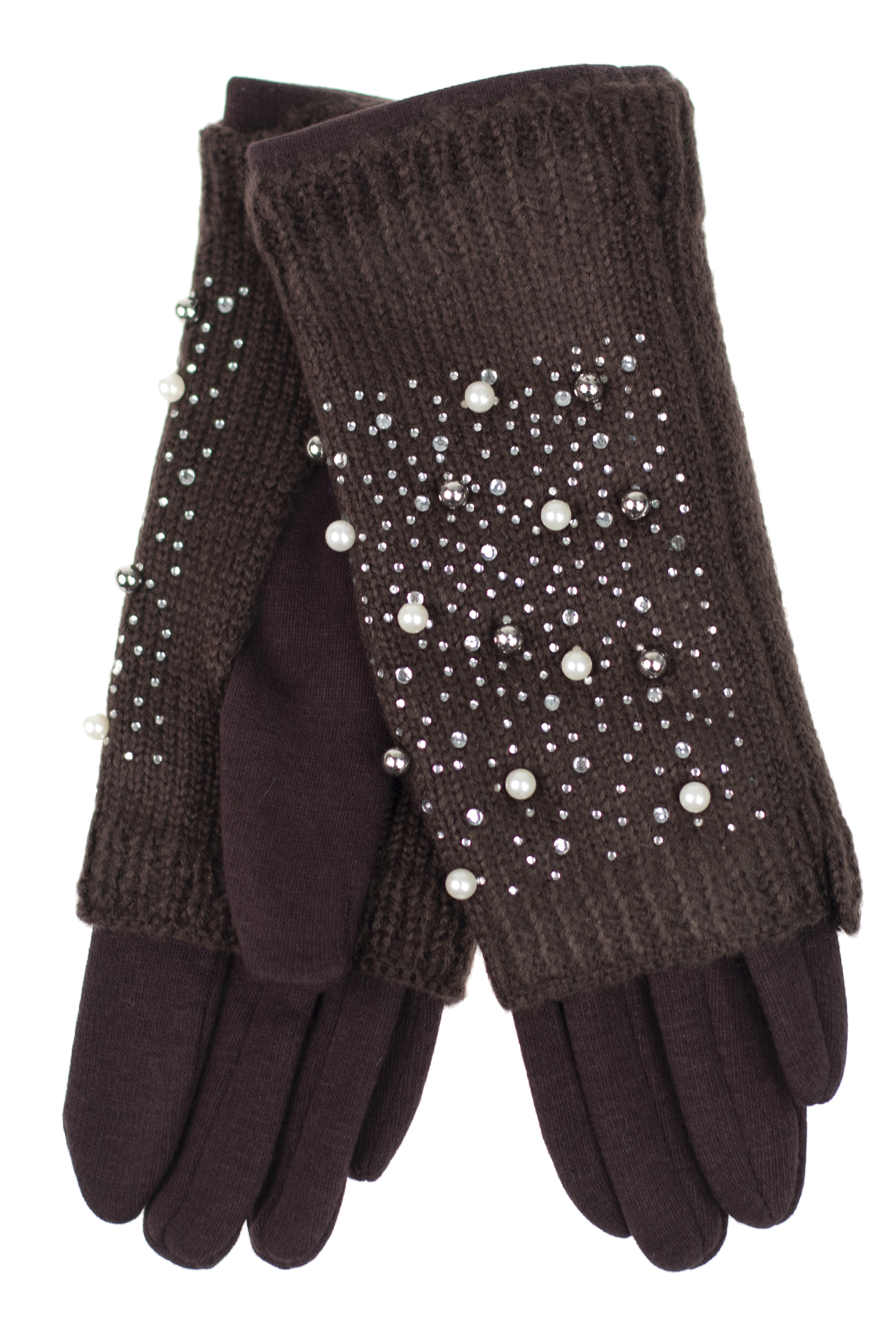 На фото 1 - Шерстяные митенки с вышивкой и  текстильными перчатками, цвет шоколад