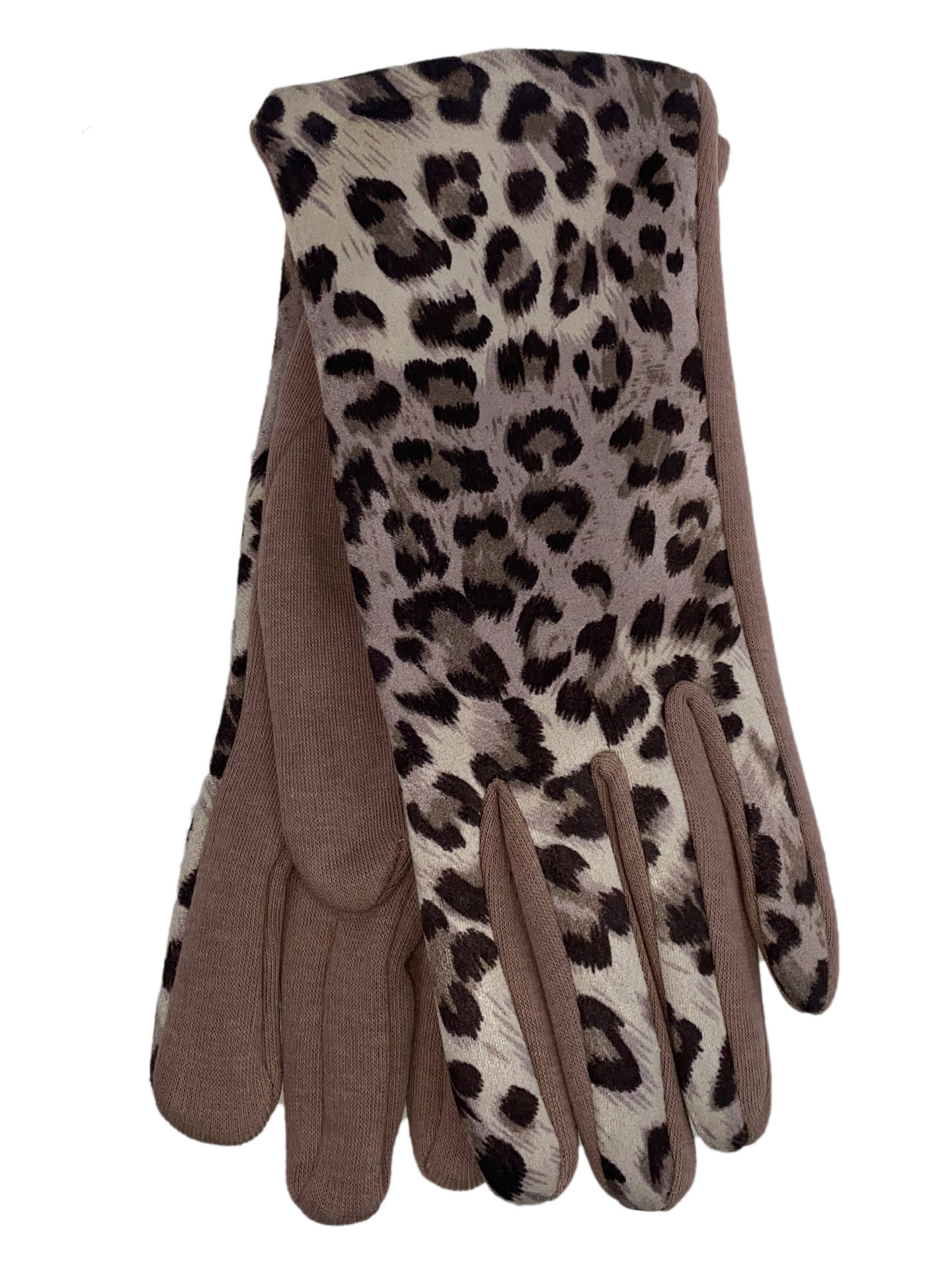 На фото 1 - Женские перчатки из велюра и текстиля с леопардовым принтом, цвет бежевый