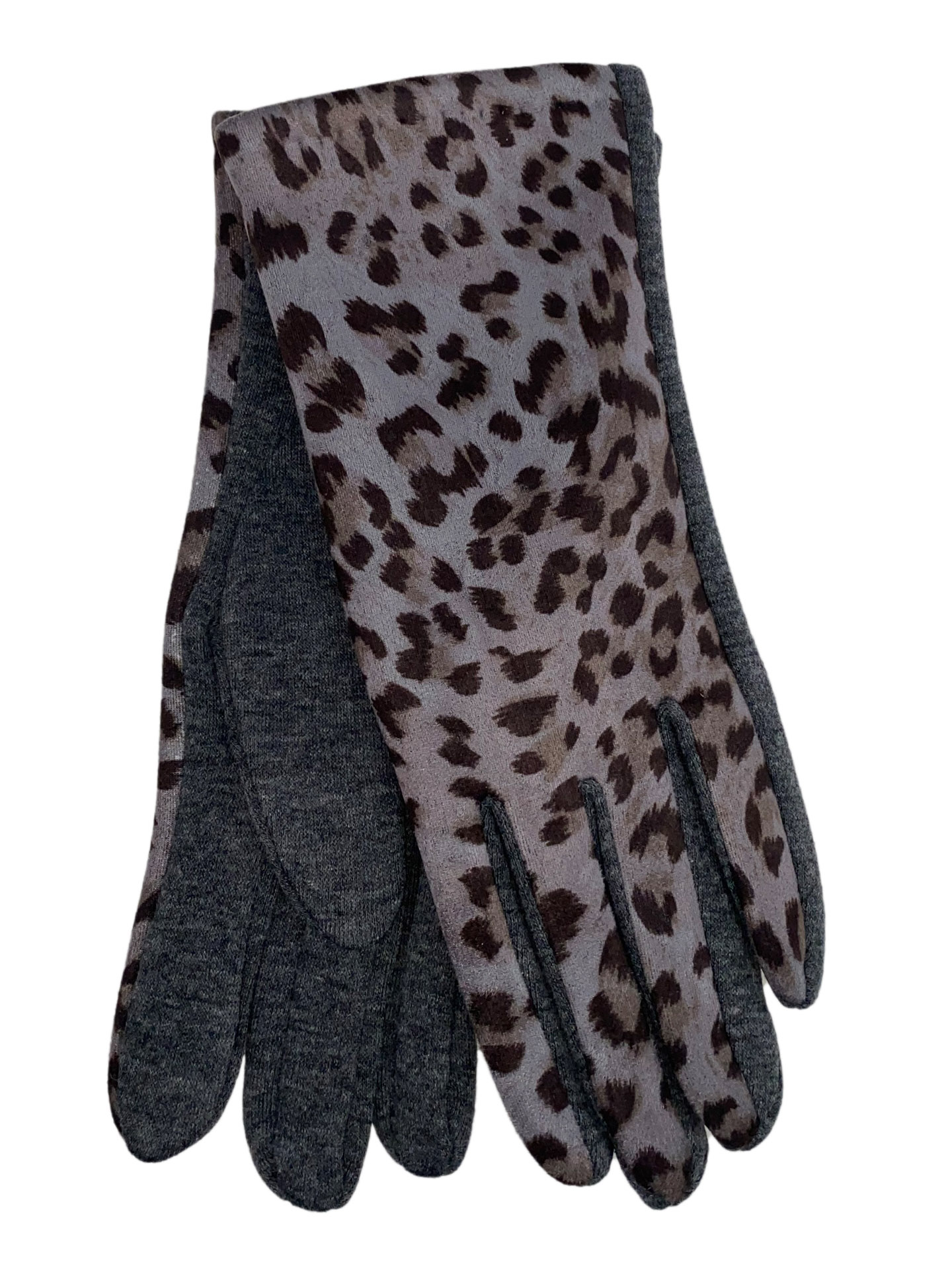 На фото 1 - Женские перчатки из велюра и текстиля с леопардовым принтом, цвет серый
