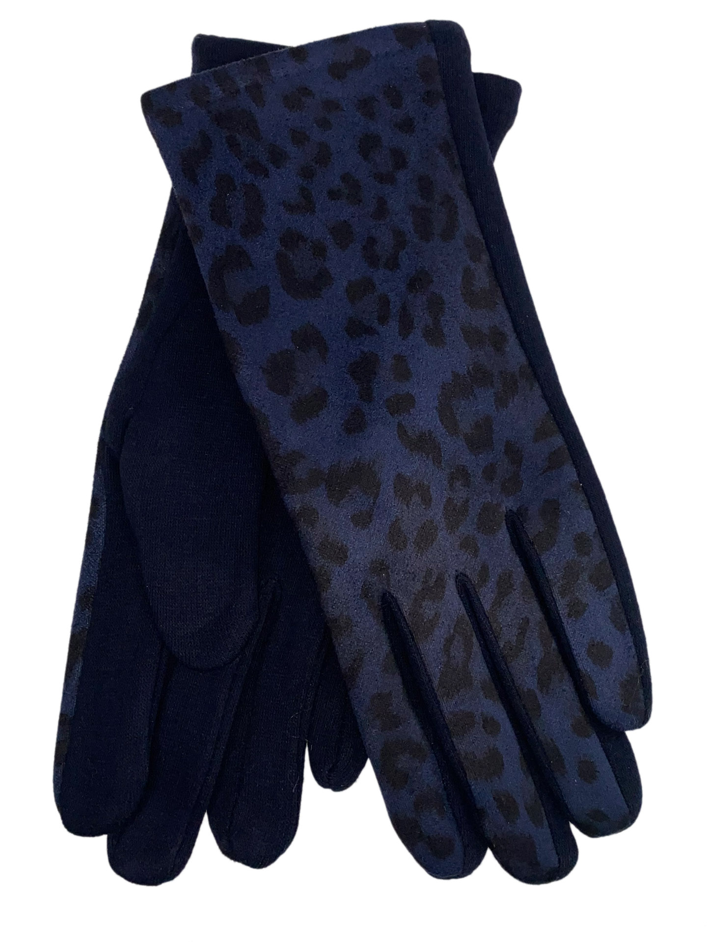 На фото 1 - Женские перчатки из велюра и текстиля с леопардовым принтом, цвет синий