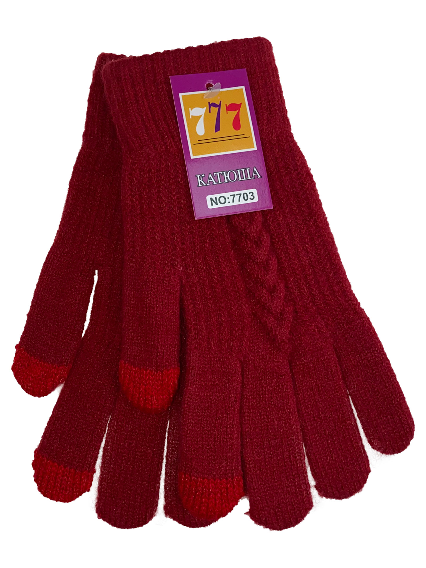 На фото 1 - Шерстяные женские перчатки со вставками Touch Screen, цвет рубиновый