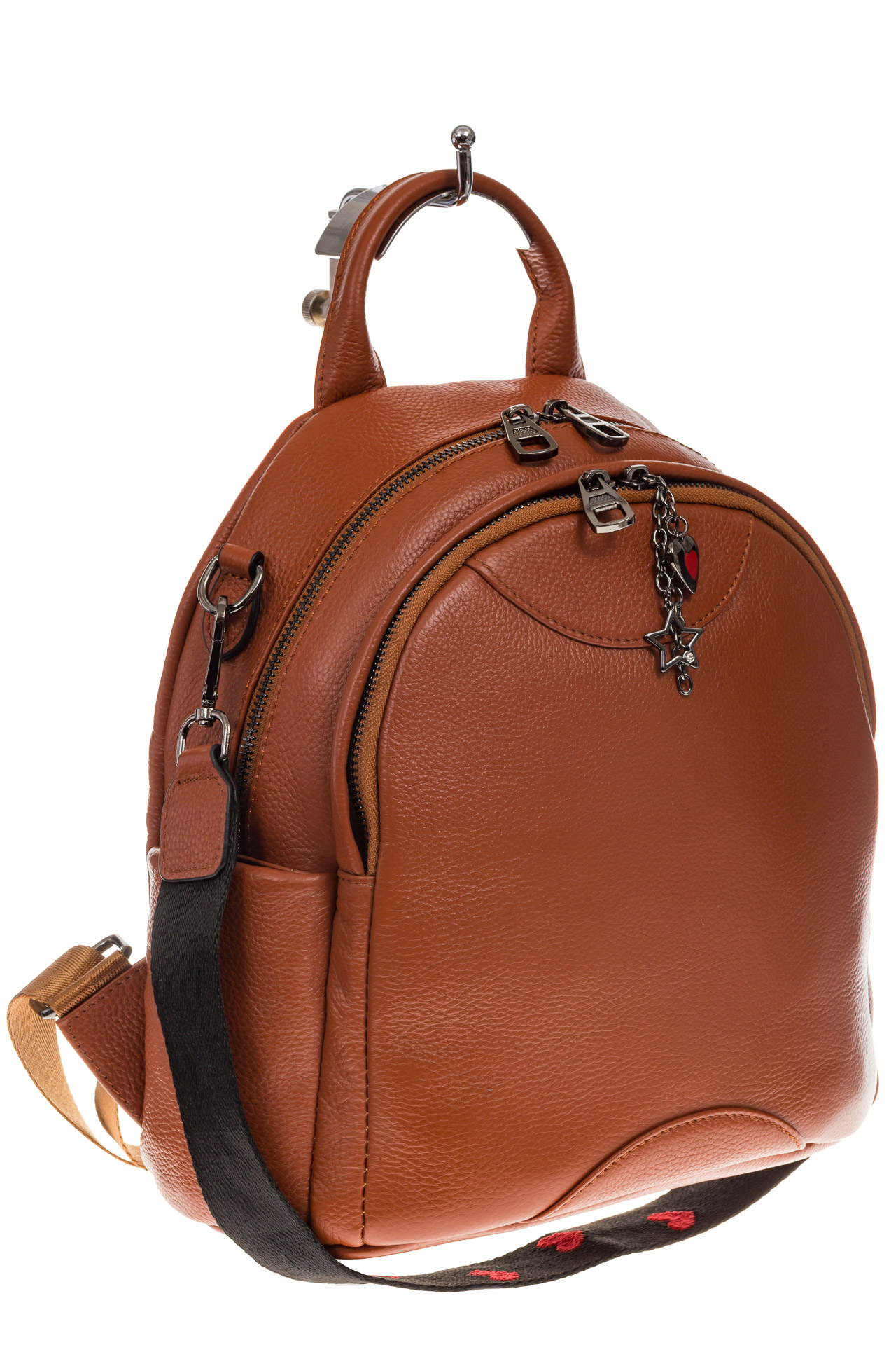 На фото 1 - Округлый женский рюкзак из натуральной кожи рыжего цвета