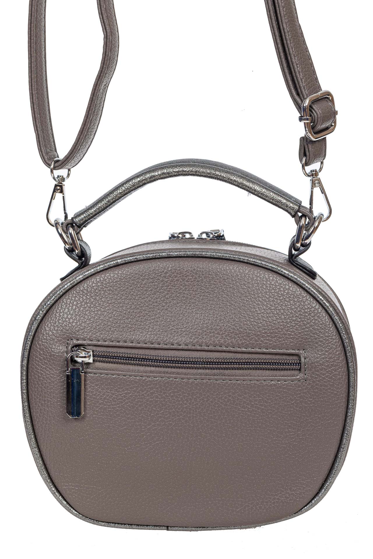 На фото 3 - Круглая сумочка кросс-боди из фактурной экокожи, цвет тёмно-серый