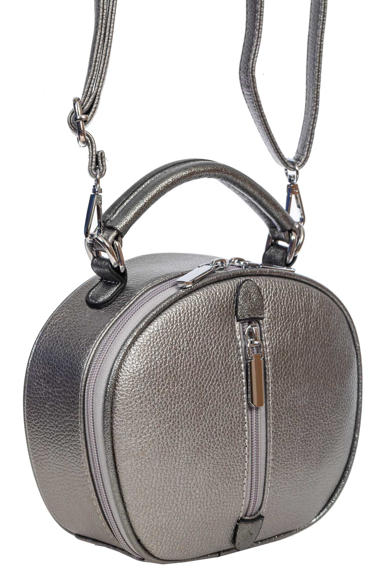 На фото 1 - Круглая сумочка кросс-боди из фактурной экокожи, цвет металлик