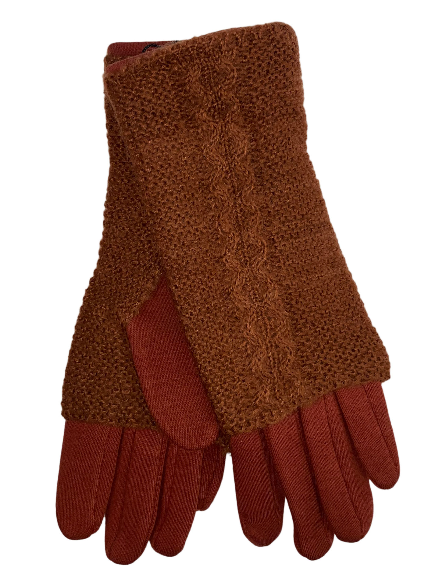 На фото 1 - Женские текстильные перчатки с шерстяными митенками, цвет кирпичный