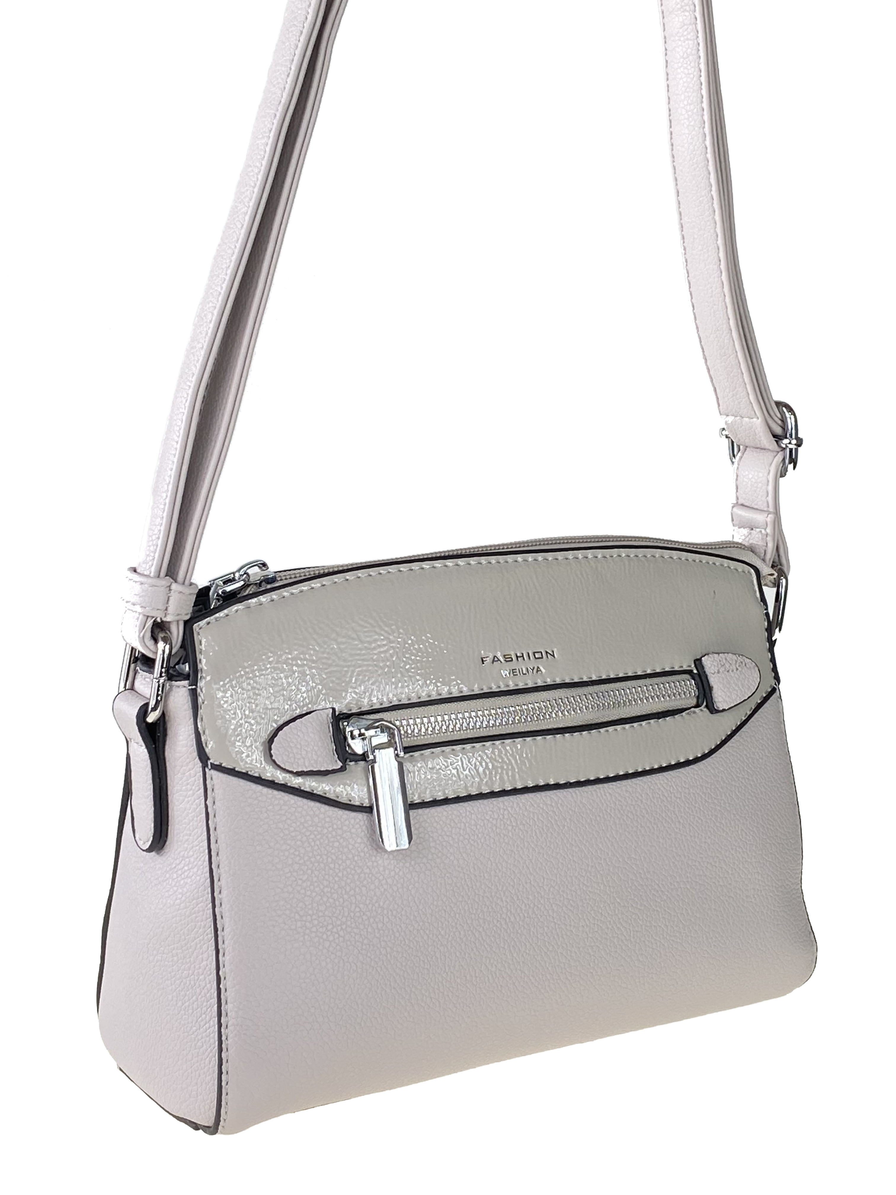 На фото 1 - Женская сумочка из фактурной искусственной кожи с лаковой вставкой, цвет серый