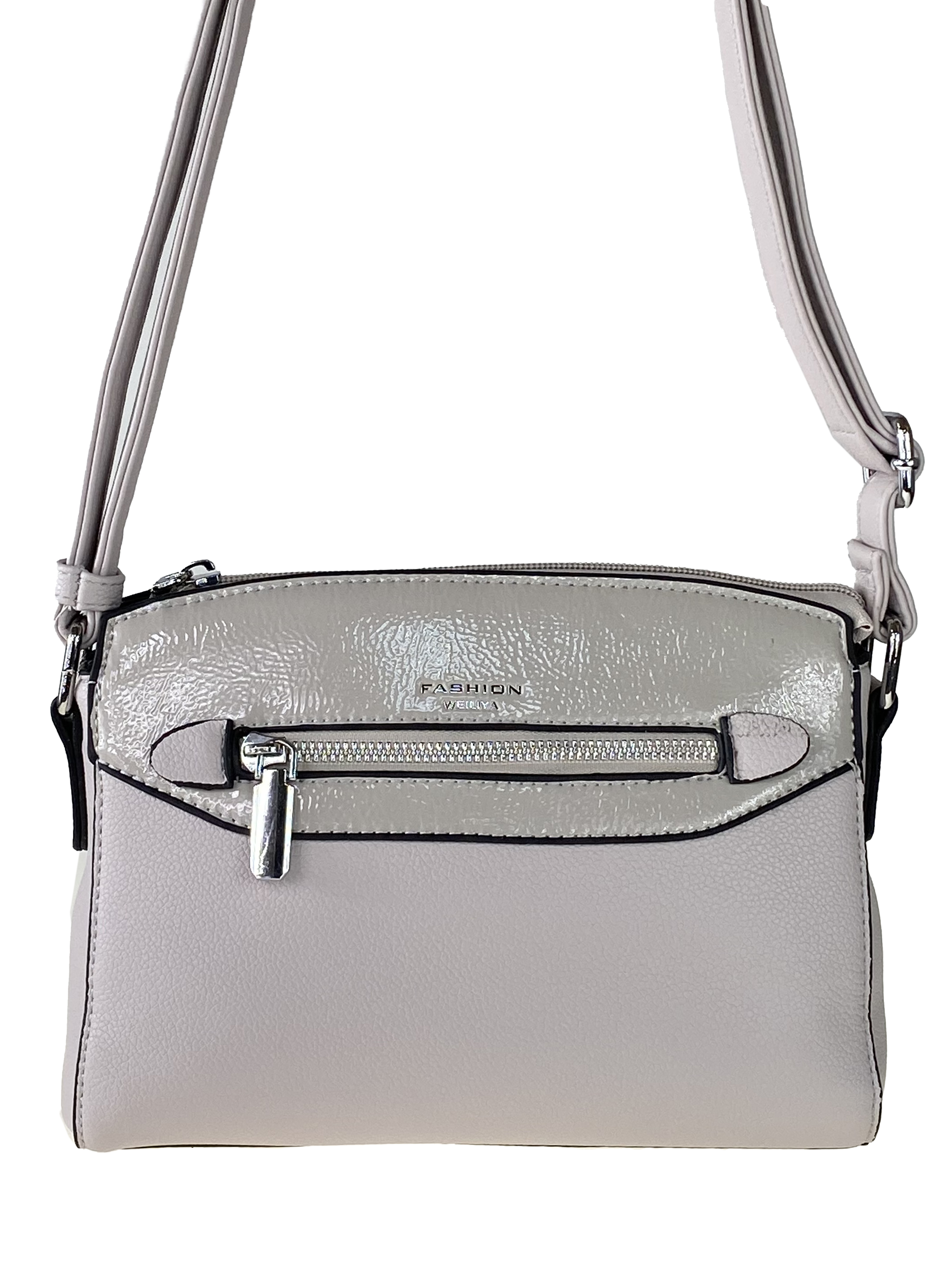 На фото 2 - Женская сумочка из фактурной искусственной кожи с лаковой вставкой, цвет серый