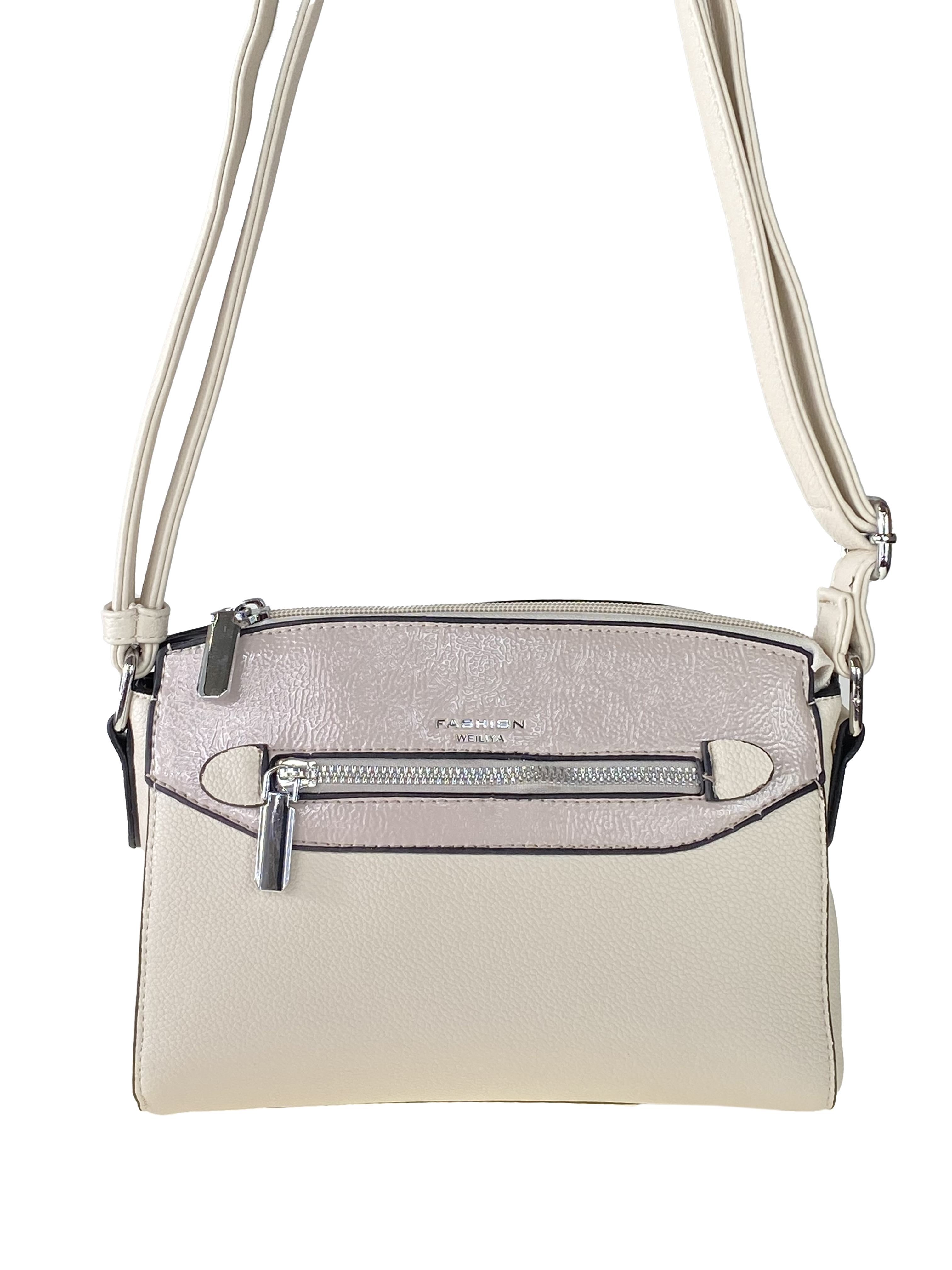 На фото 2 - Женская сумочка из фактурной искусственной кожи с лаковой вставкой, цвет молочный с пудровым