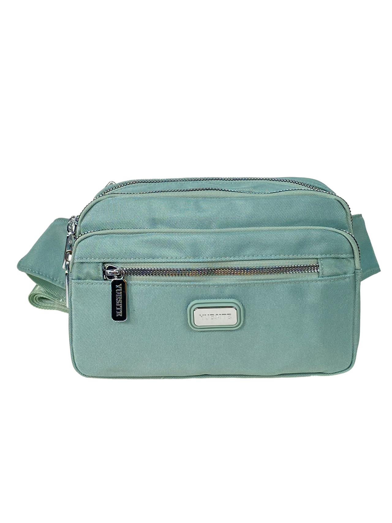 На фото 1 - Поясная сумка из текстиля, цвет зелено-голубой