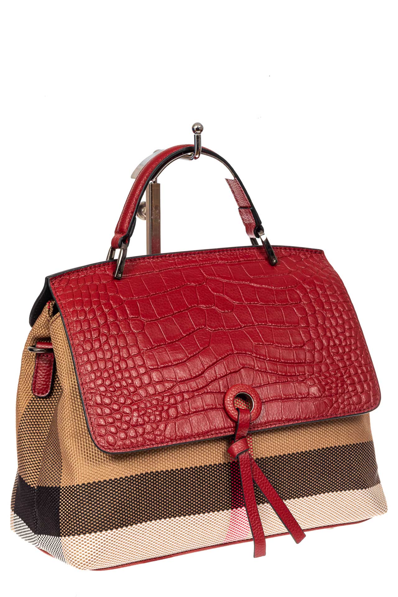 На фото 1 - Женская сумка из кожи и текстиля, цвет красный