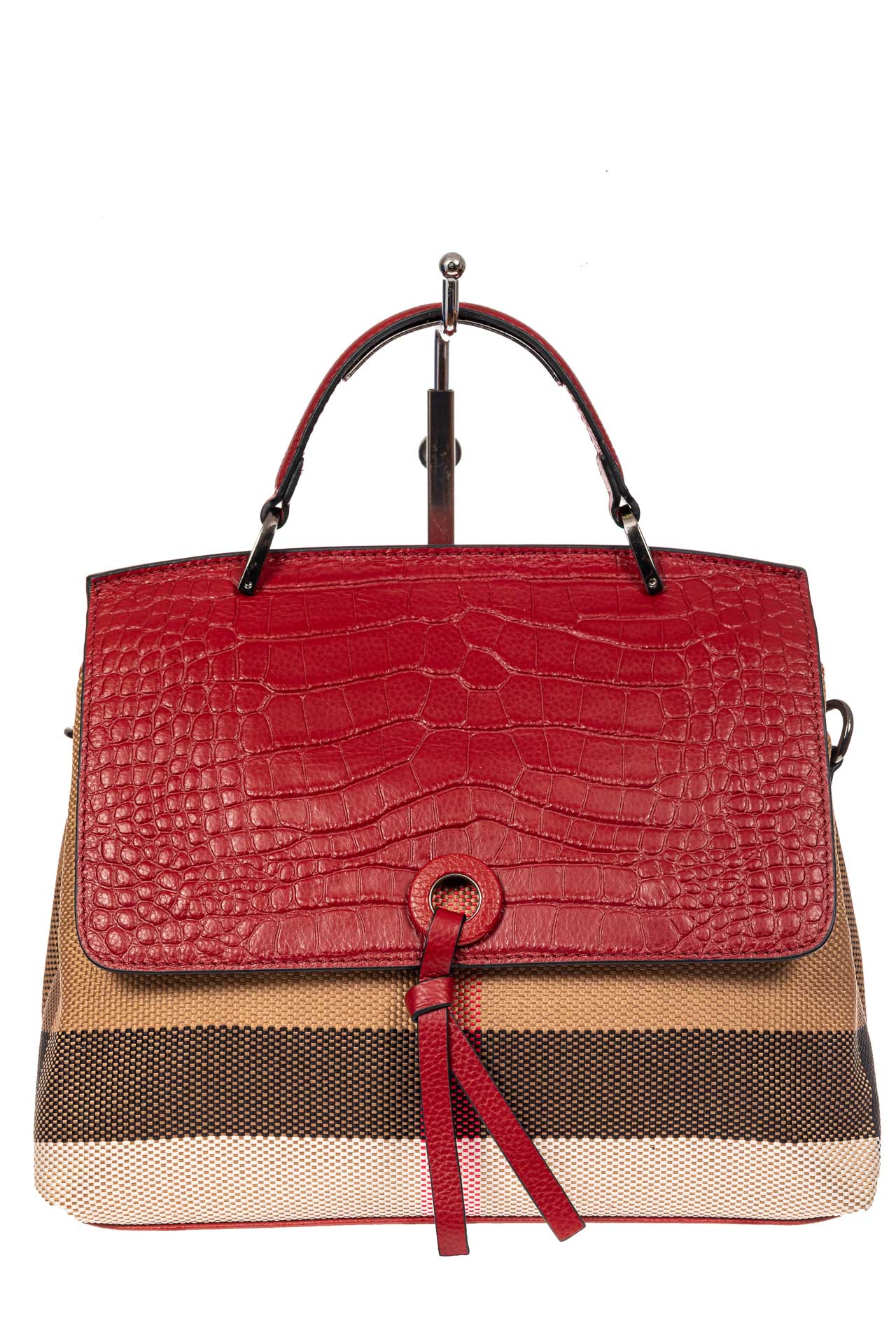 На фото 2 - Женская сумка из кожи и текстиля, цвет красный