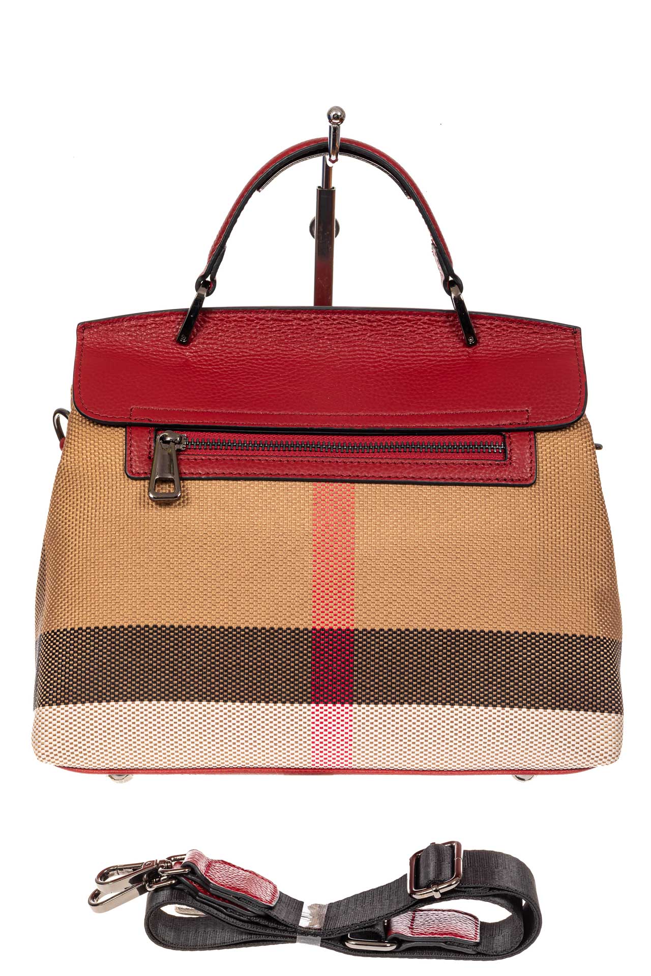 На фото 3 - Женская сумка из кожи и текстиля, цвет красный