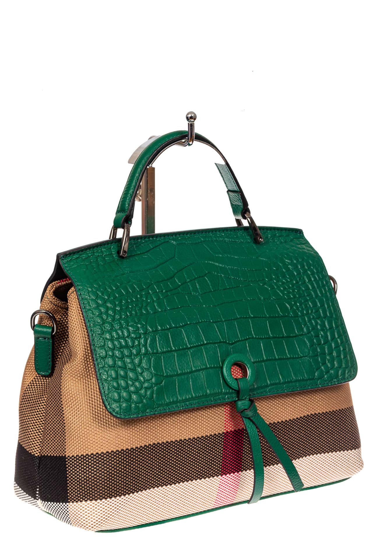 На фото 1 - Женская сумка из кожи и текстиля, цвет зеленый