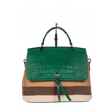 На фото 2 - Женская сумка из кожи и текстиля, цвет зеленый