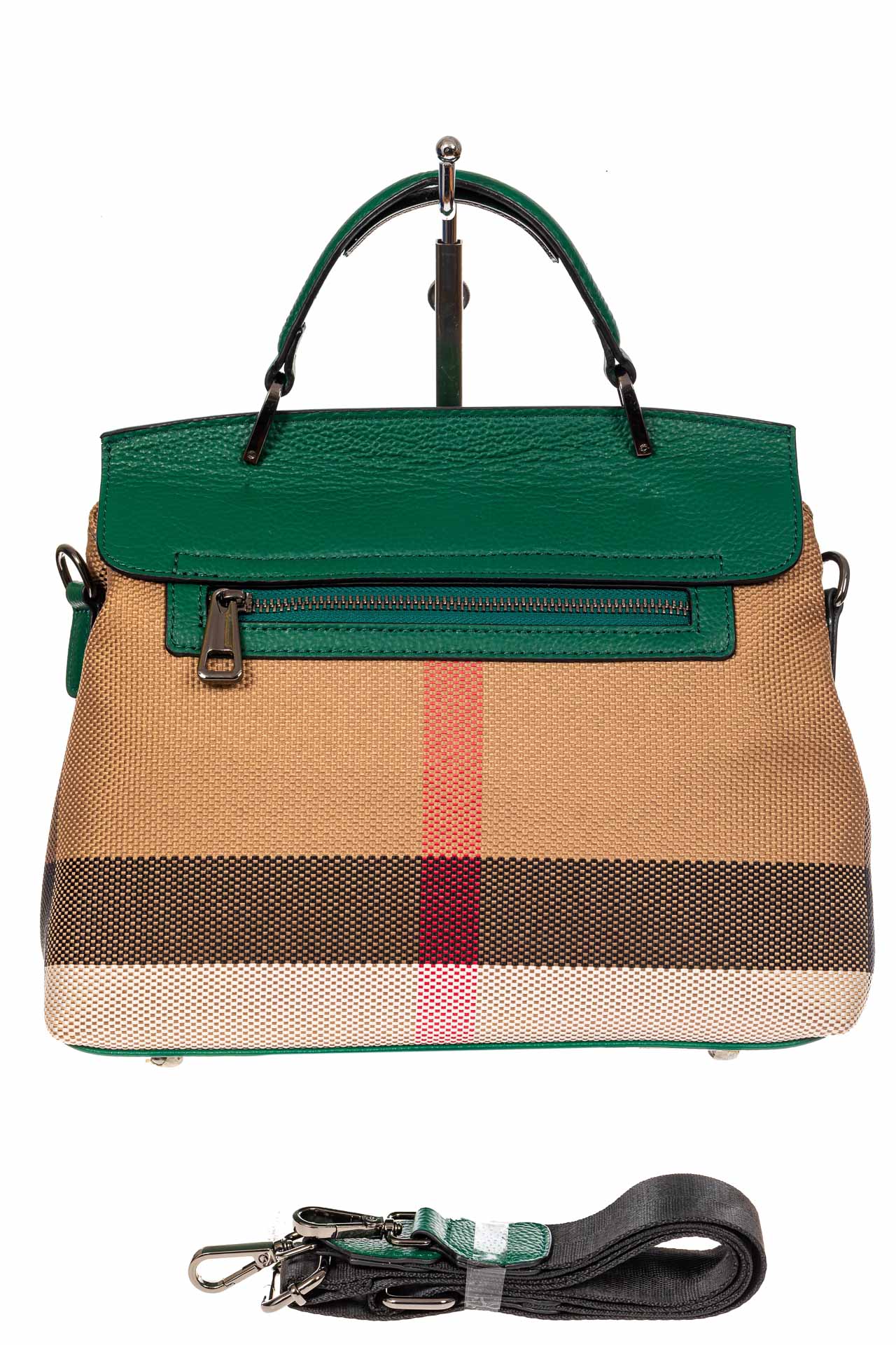 На фото 3 - Женская сумка из кожи и текстиля, цвет зеленый
