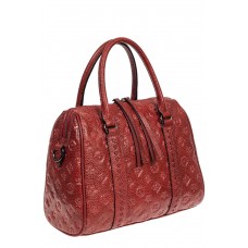 На фото 1 - Кожаная женская сумка с тиснёным принтом, цвет кирпично-бордовый